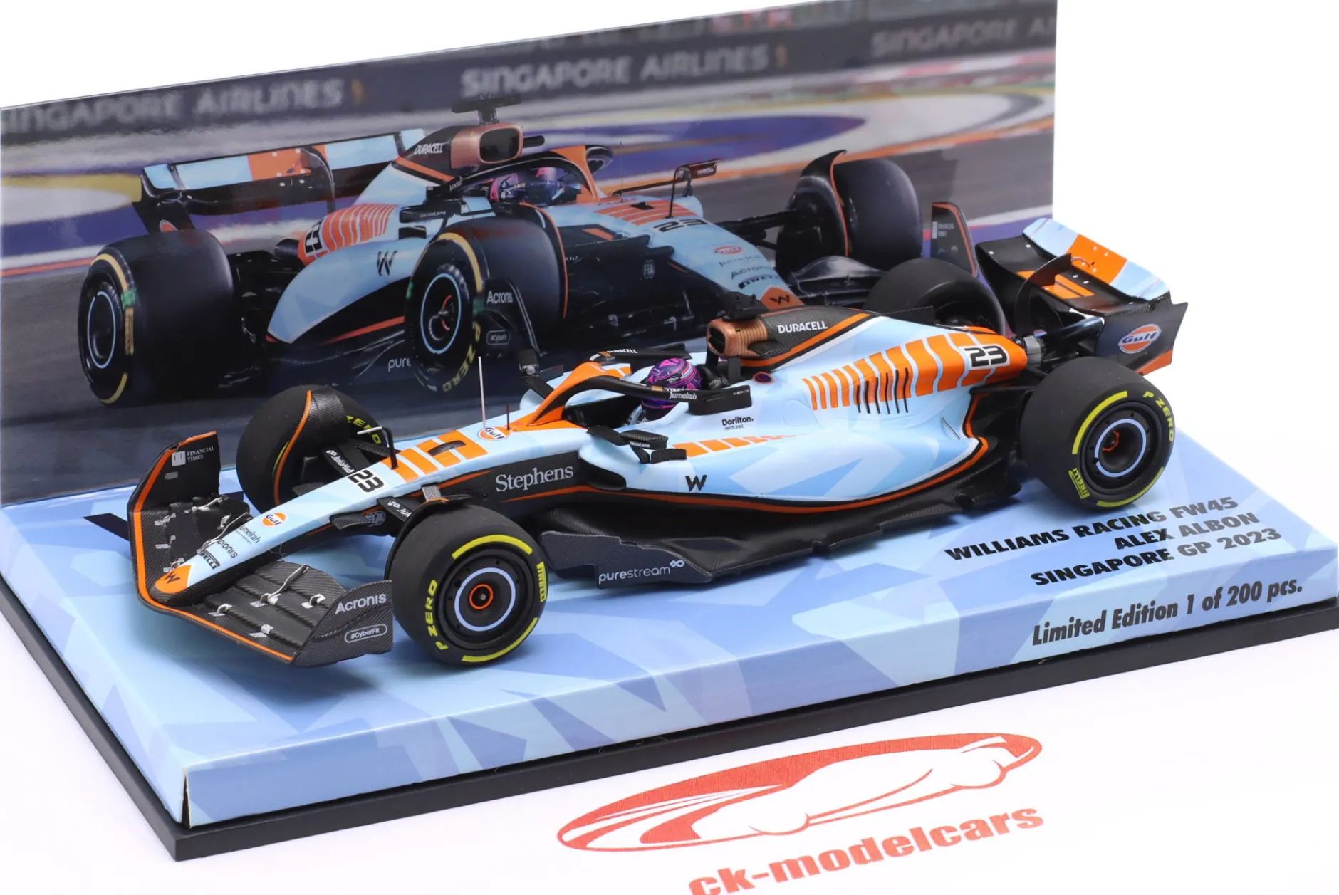 A. Albon Williams FW45 Gulf Design #23 Singapur GP Formel 1 2023 1:43 Minichamps