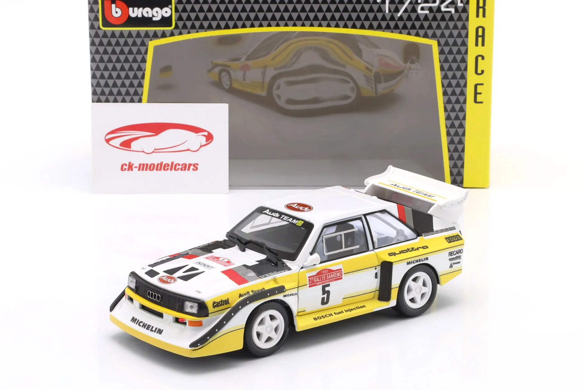 Audi Sport quattro S1 E2 #5 Sieger Rallye SanRemo 1985 Röhrl, Geistdörfer 1:24 Bburago