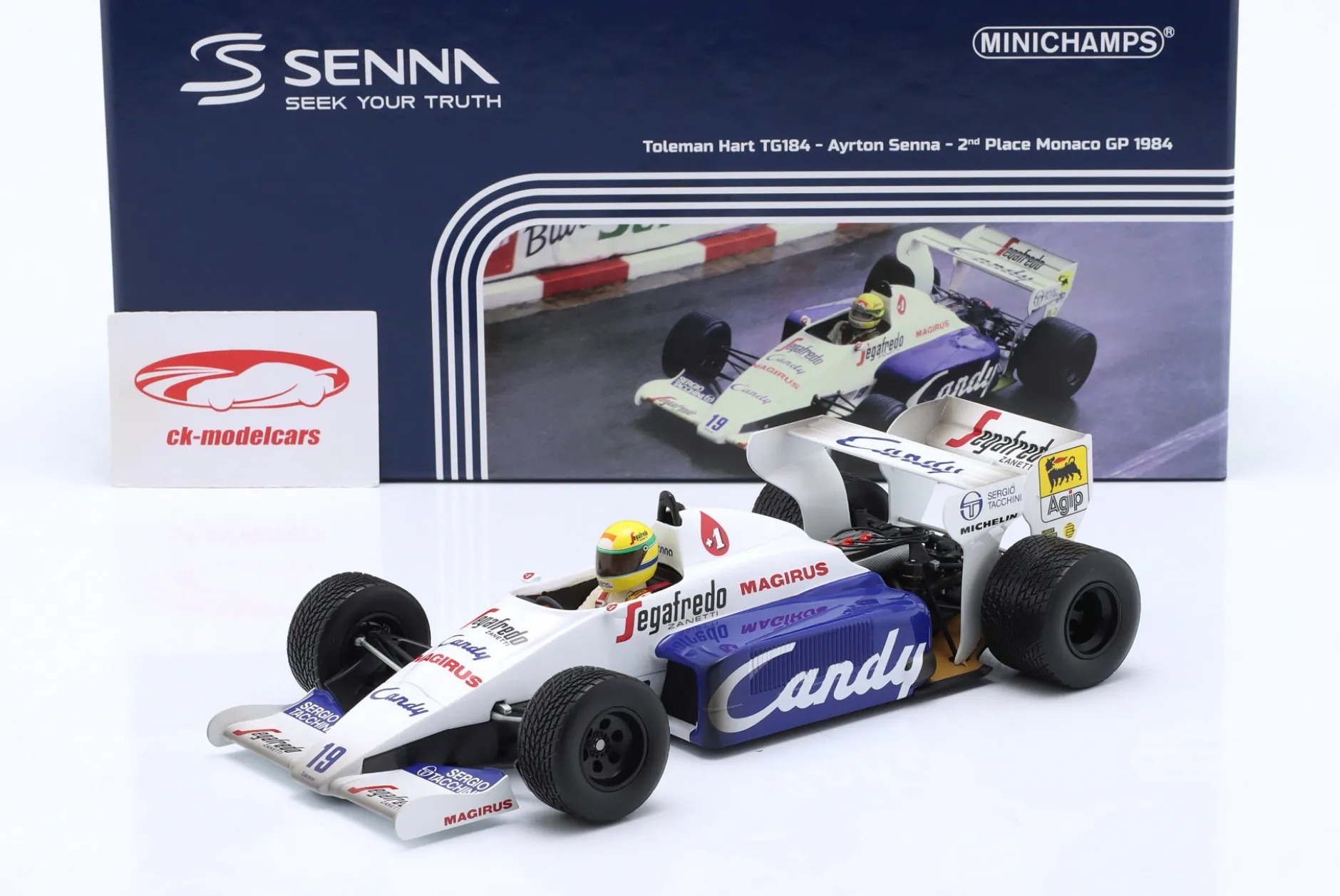Ayrton Senna Toleman Hart TG184 #19 2nd Monaco GP Formel 1 1984 1:18 Minichamps