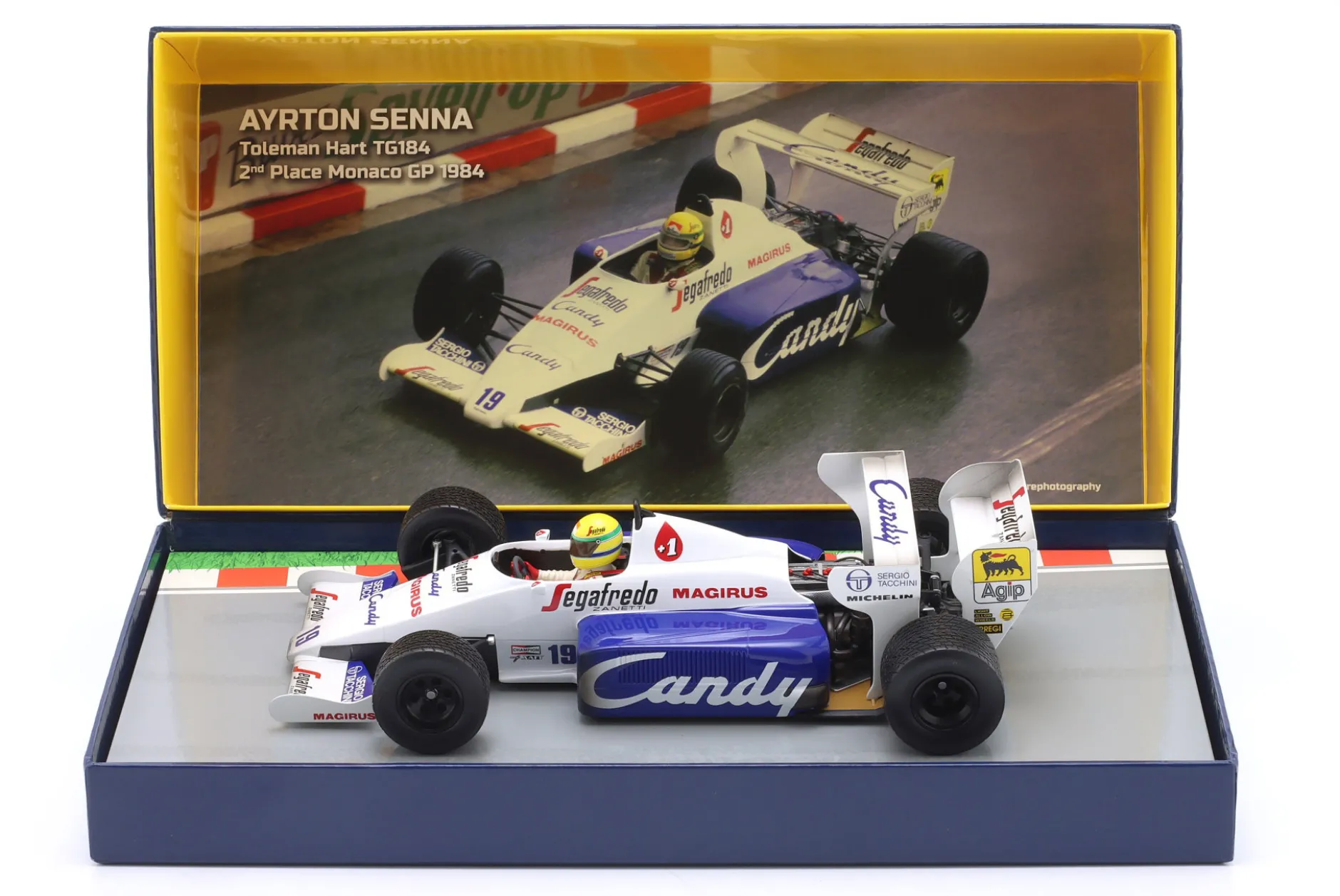 Ayrton Senna Toleman Hart TG184 #19 2nd Monaco GP Formel 1 1984 1:18 Minichamps
