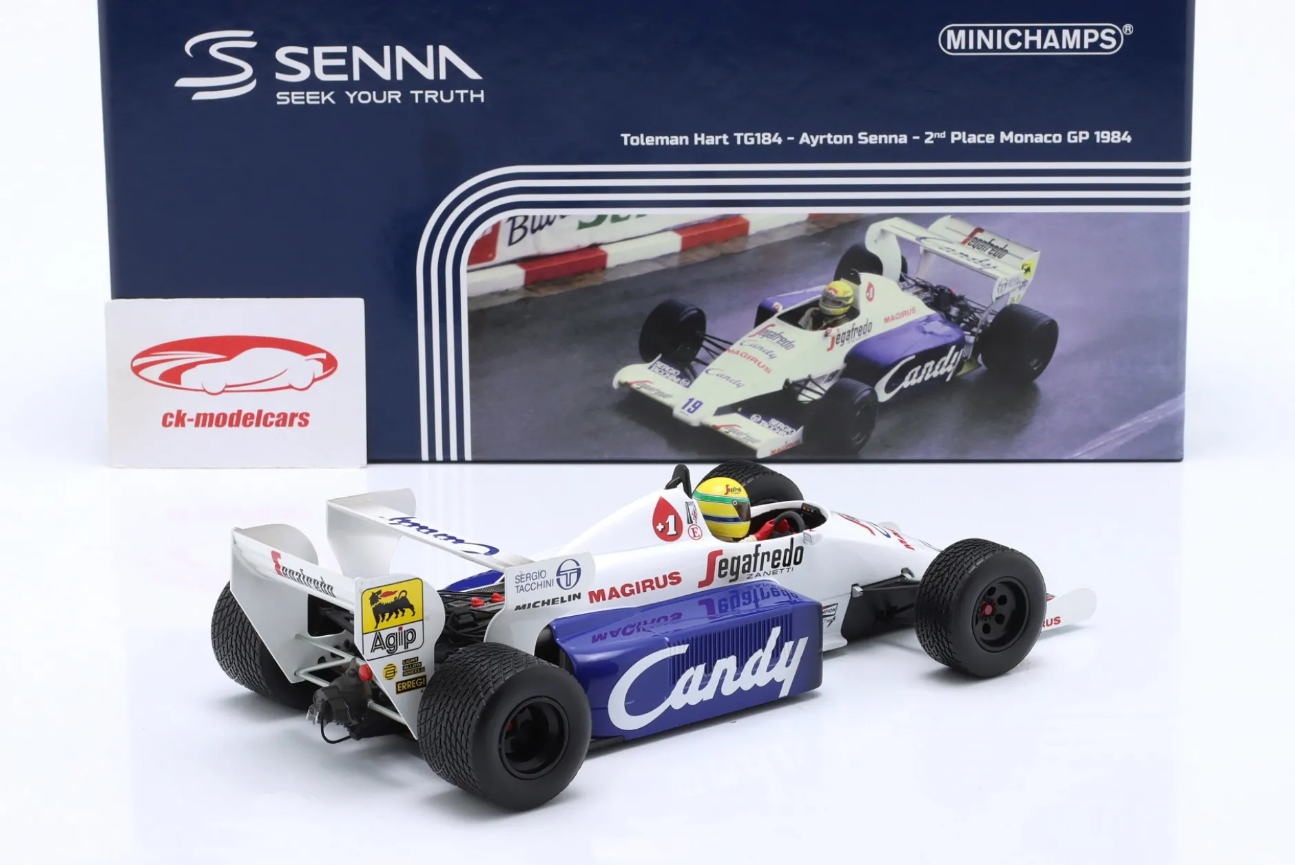 Ayrton Senna Toleman Hart TG184 #19 2nd Monaco GP Formel 1 1984 1:18 Minichamps