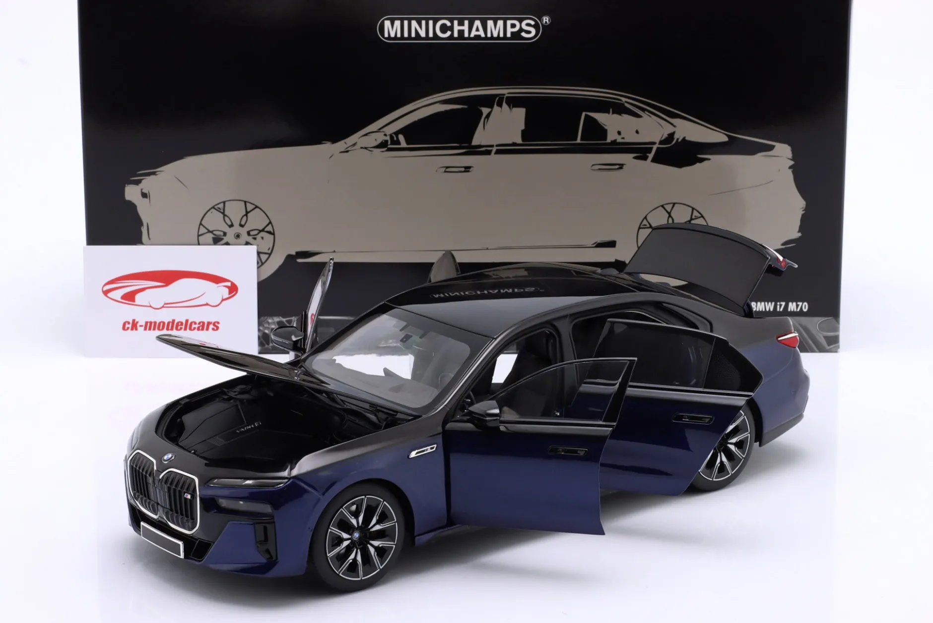 BMW i7 M70 (G70) Baujahr 2024 blau metallic / schwarz metallic 1:18 Minichamps