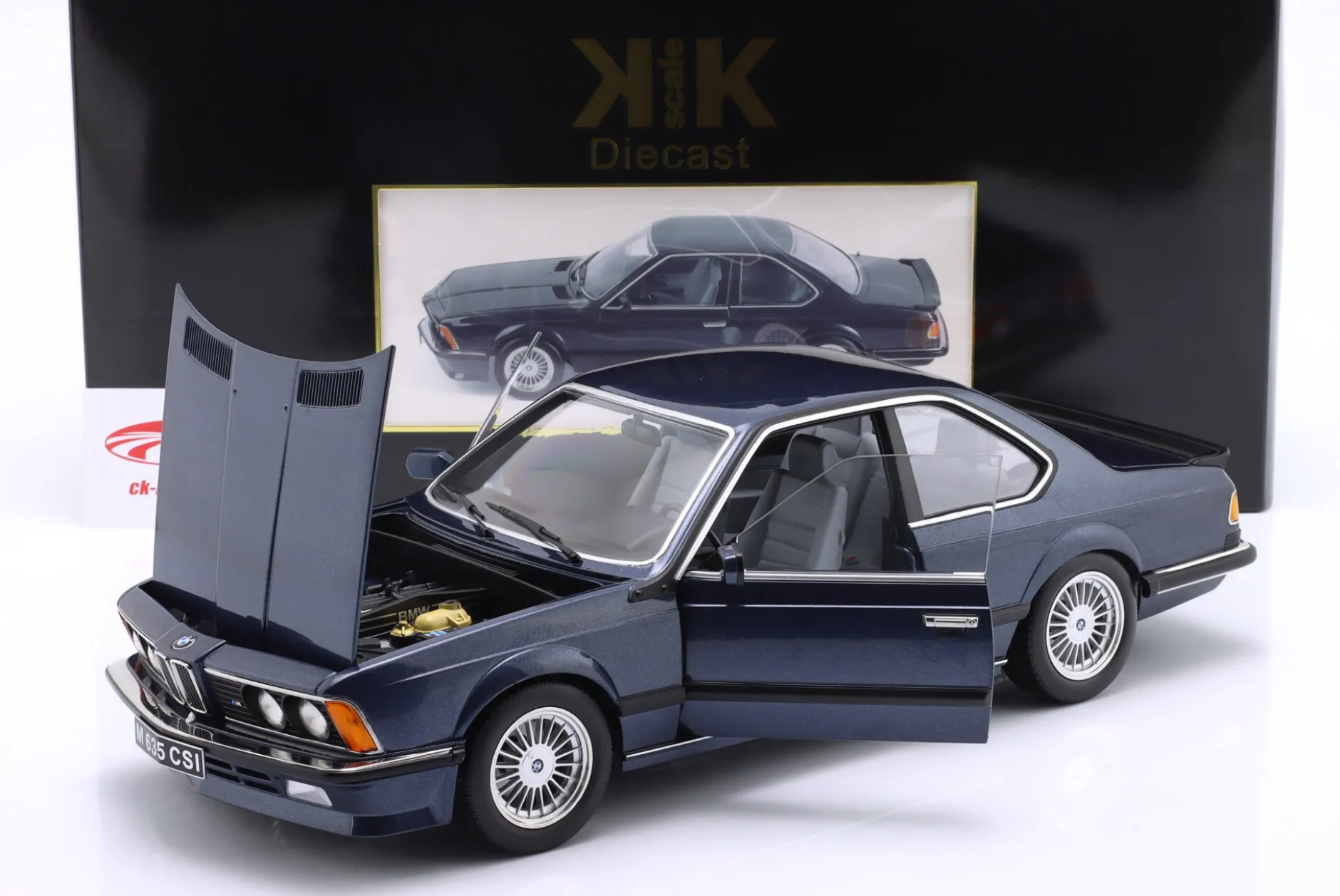 BMW M635 CSI mit Alpina-Felgen Baujahr 1987 dunkelblau metallic 1:12 KK-Scale