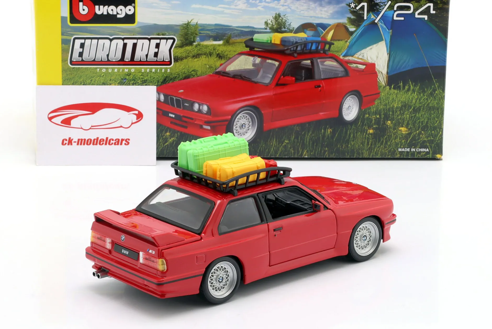 BMW M3 E30 mit Dachgepäckkorb Baujahr 1988 rot 1:24 Bburago