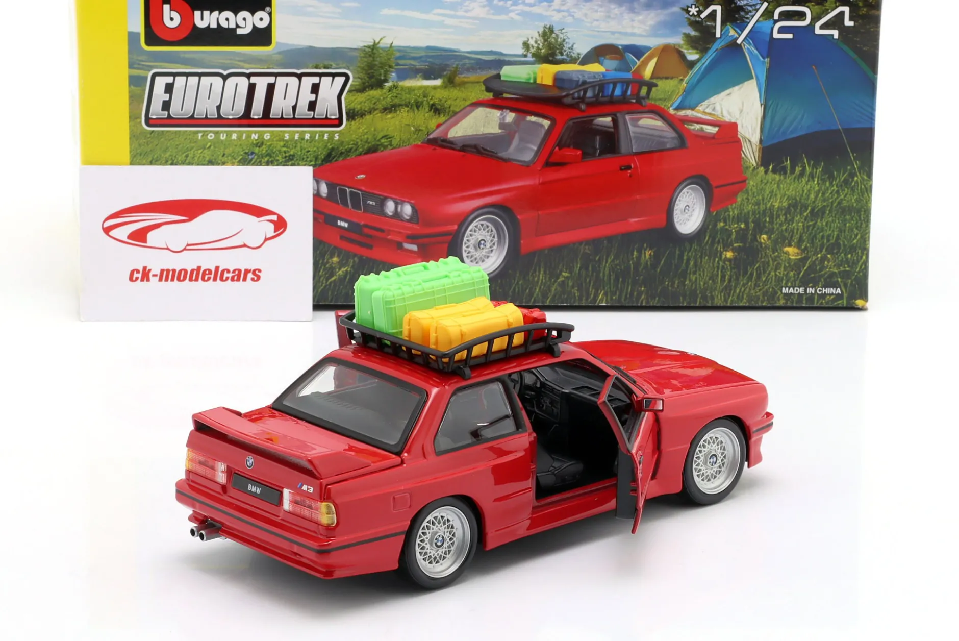 BMW M3 E30 mit Dachgepäckkorb Baujahr 1988 rot 1:24 Bburago