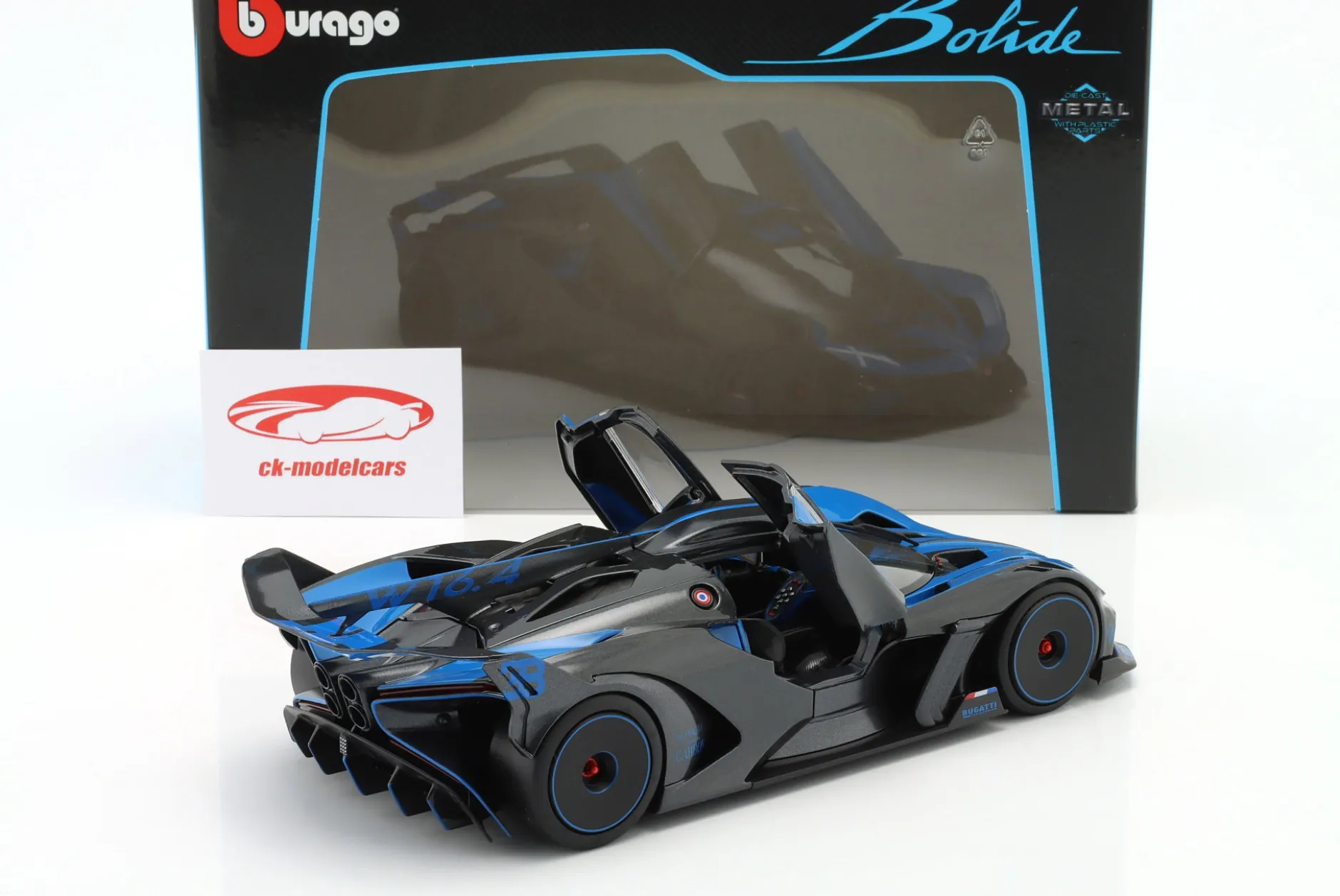 Bugatti Bolide W16.4 Baujahr 2020 blau / carbon 1:18 Bburago