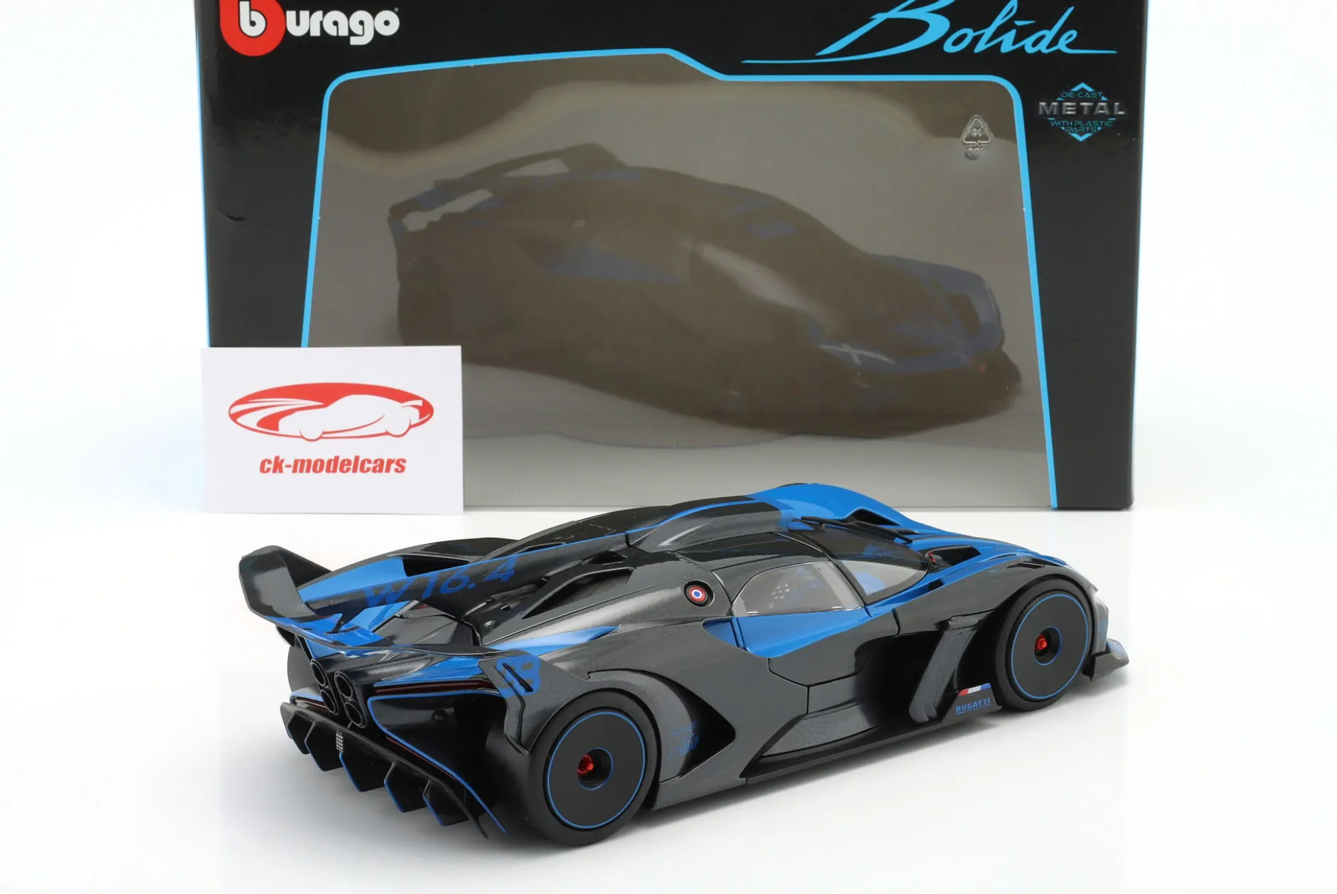 Bugatti Bolide W16.4 Baujahr 2020 blau / carbon 1:18 Bburago
