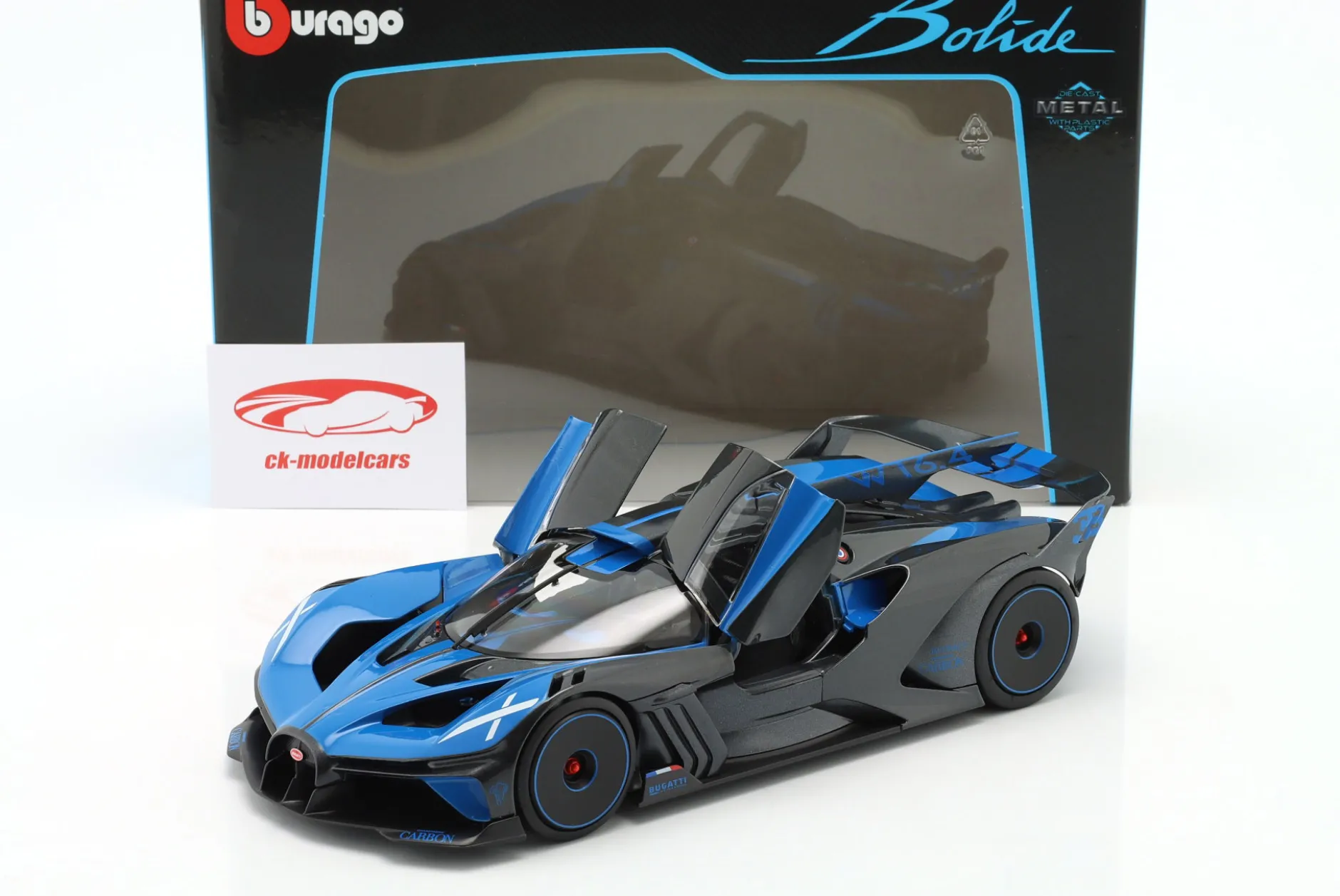Bugatti Bolide W16.4 Baujahr 2020 blau / carbon 1:18 Bburago