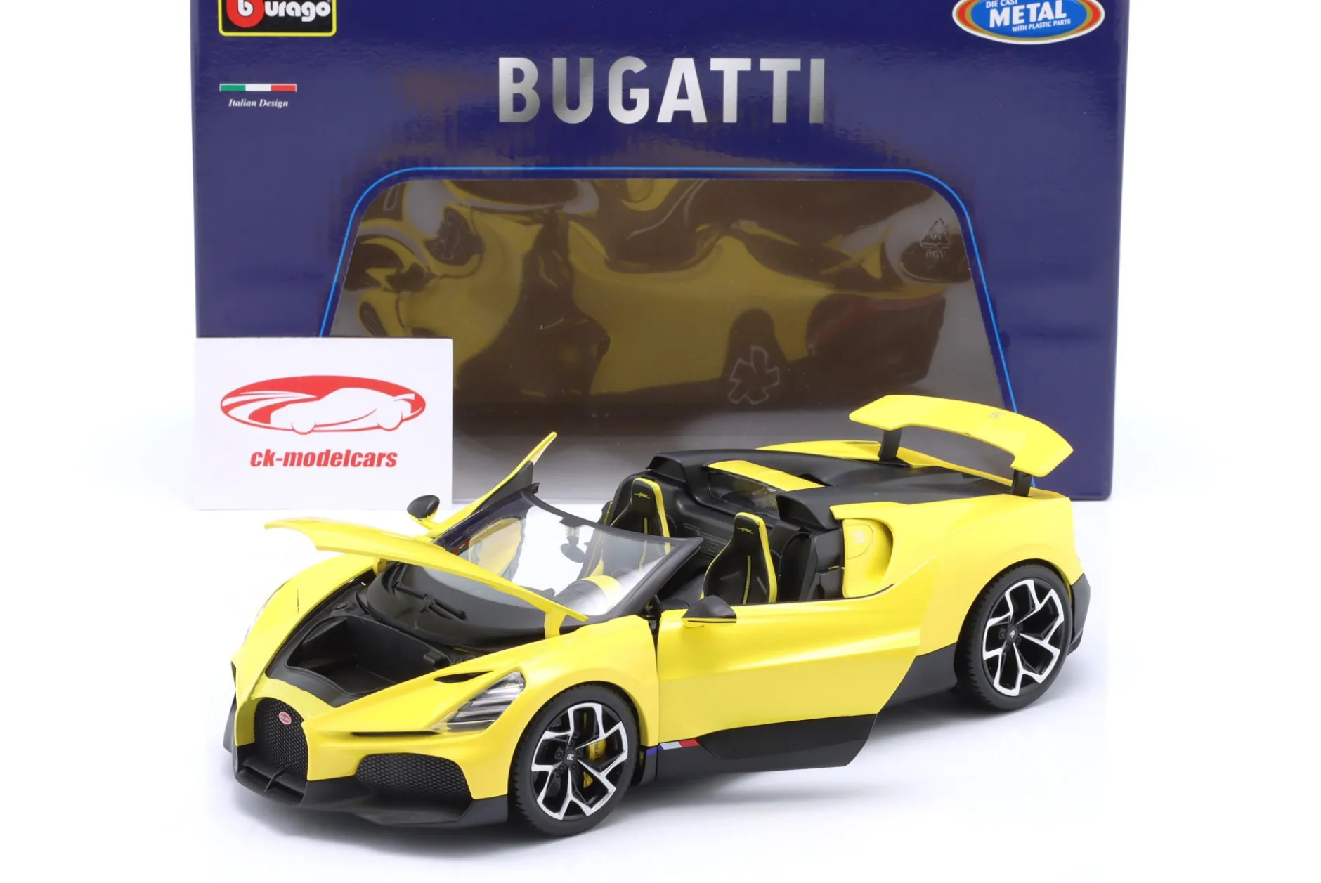 Bugatti W16 Mistral Baujahr 2023 gelb 1:18 Bburago