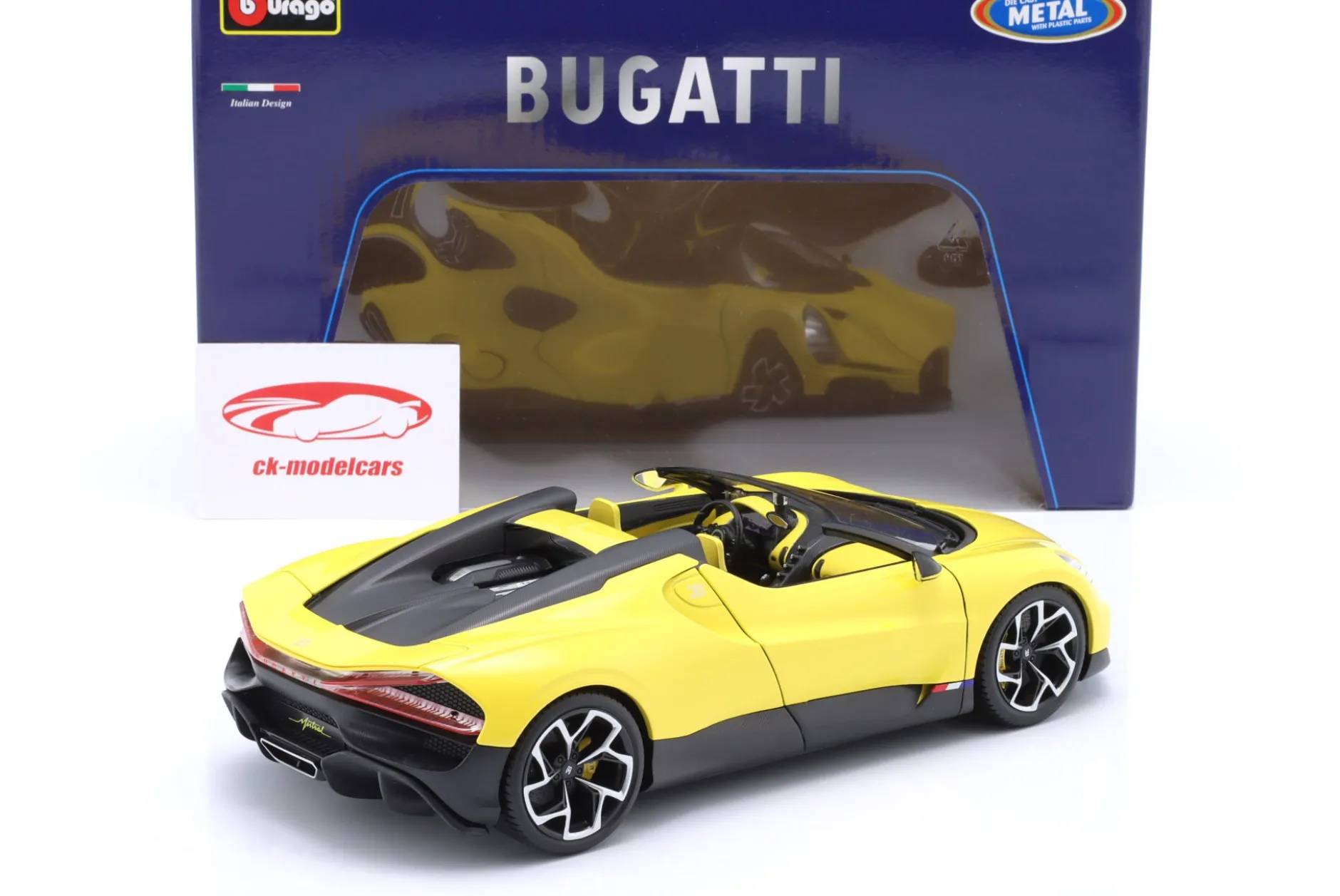 Bugatti W16 Mistral Baujahr 2023 gelb 1:18 Bburago