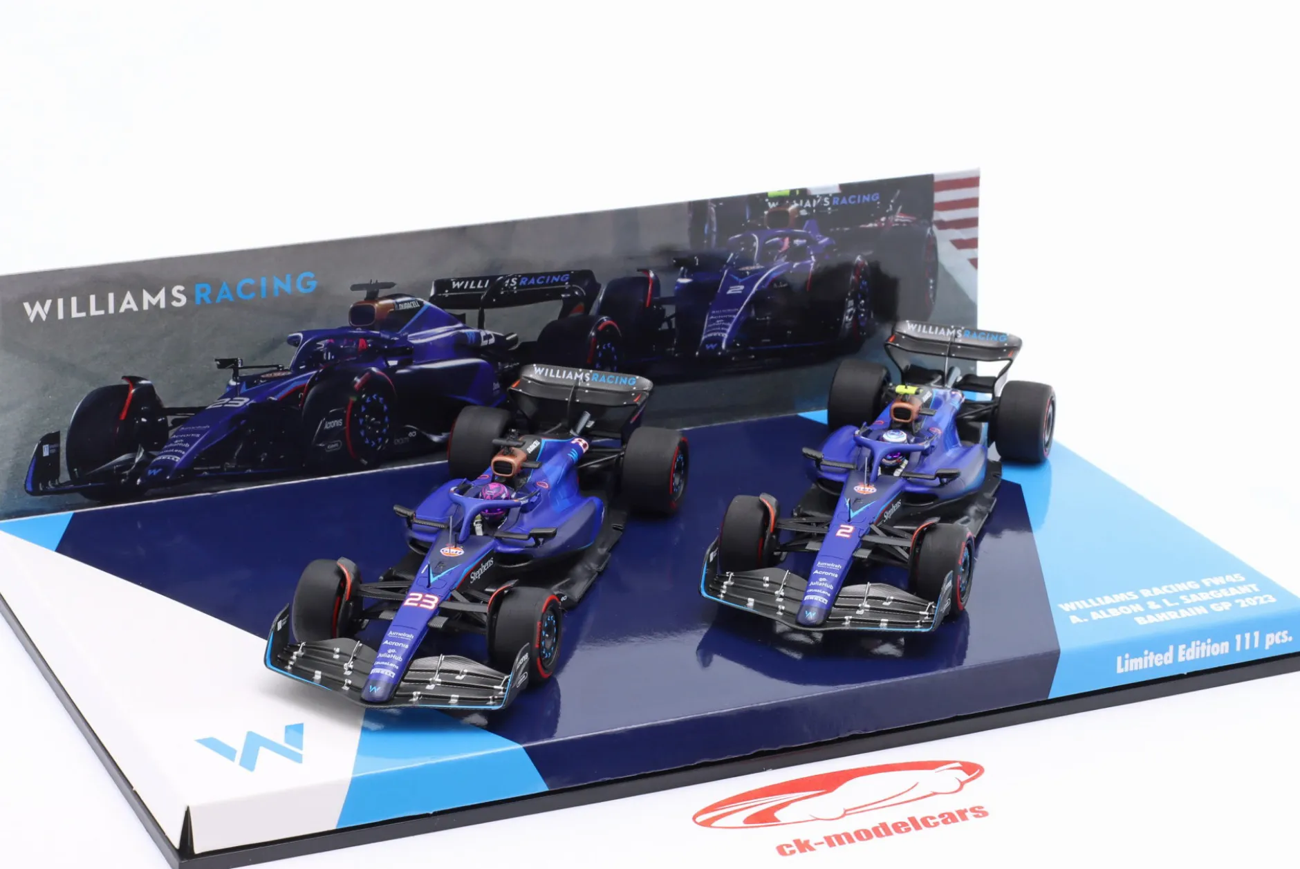 2-Car Set Albon #23 & Sargeant #2 Bahrain GP Formel 1 2023 1:43 Minichamps