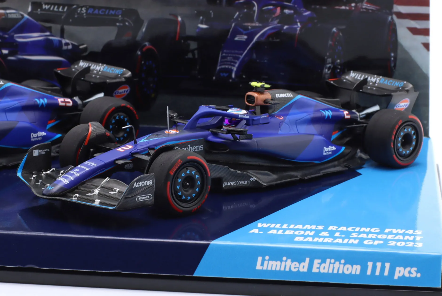 2-Car Set Albon #23 & Sargeant #2 Bahrain GP Formel 1 2023 1:43 Minichamps