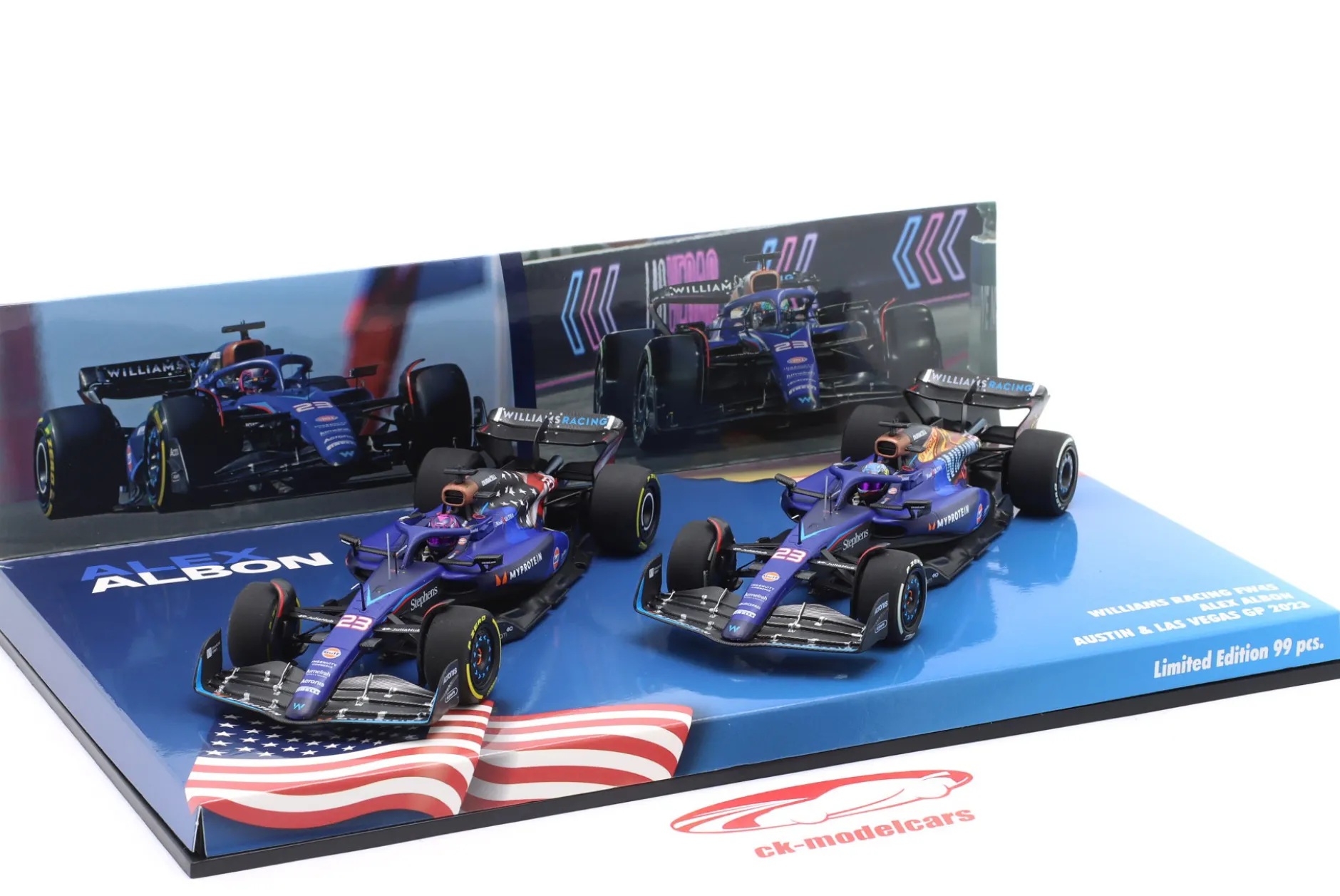 2-Car Set Alex Albon #23 Las Vegas & Austin GP Formel 1 2023 1:43 Minichamps