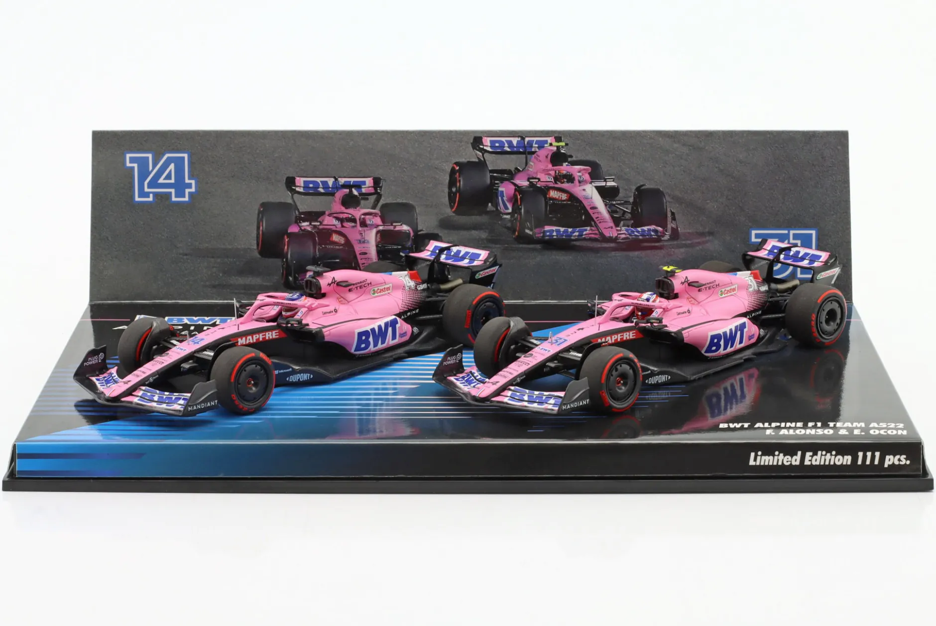 2-Car Set Alonso #14 & Ocon #31 Bahrain GP Formel 1 2022 1:43 Minichamps