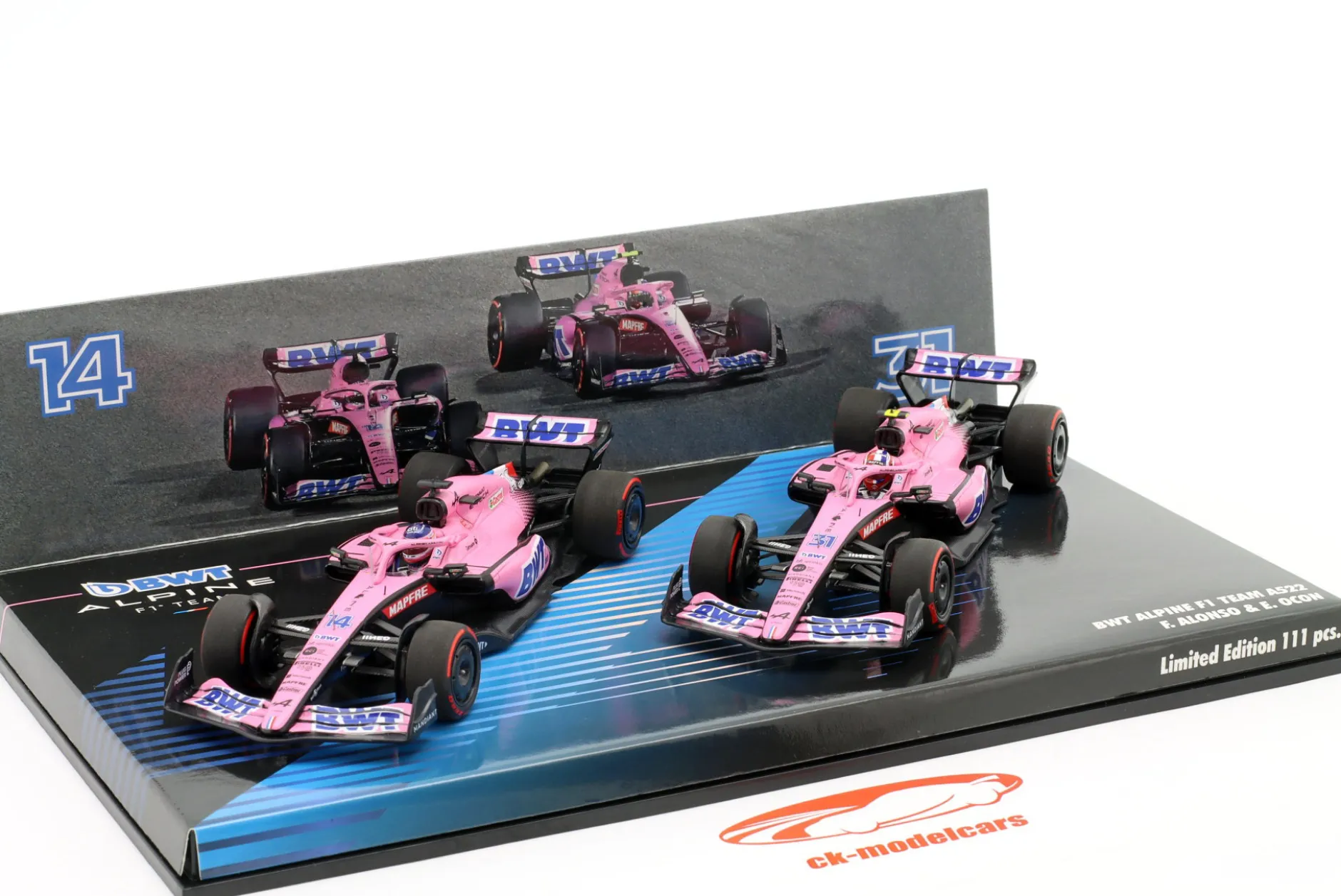 2-Car Set Alonso #14 & Ocon #31 Bahrain GP Formel 1 2022 1:43 Minichamps