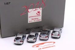 4-Car Set BMW / Porsche mit Vitrine Spielwarenmesse Nürnberg 2018 1:87 Minichamps