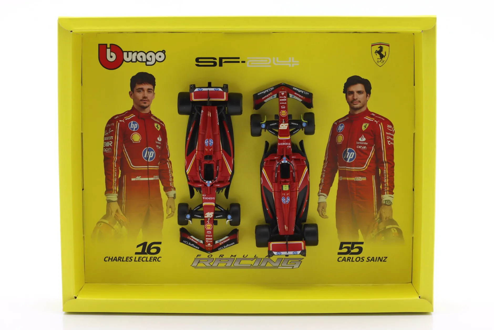 2-Car Set Ferrari: Leclerc #16 & Sainz #55 Formel 1 2024 1:43 Bburago
