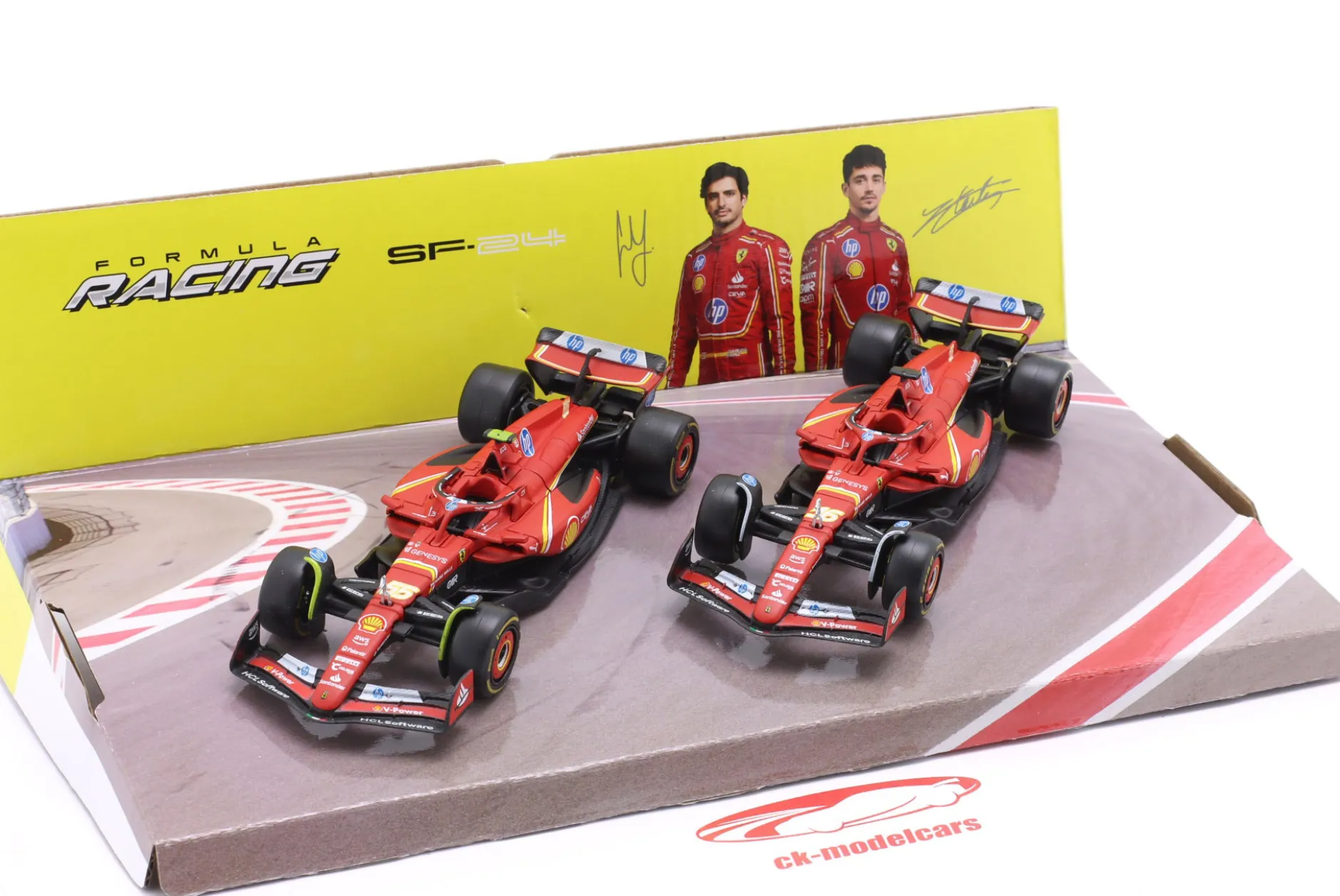 2-Car Set Ferrari: Leclerc #16 & Sainz #55 Formel 1 2024 1:43 Bburago