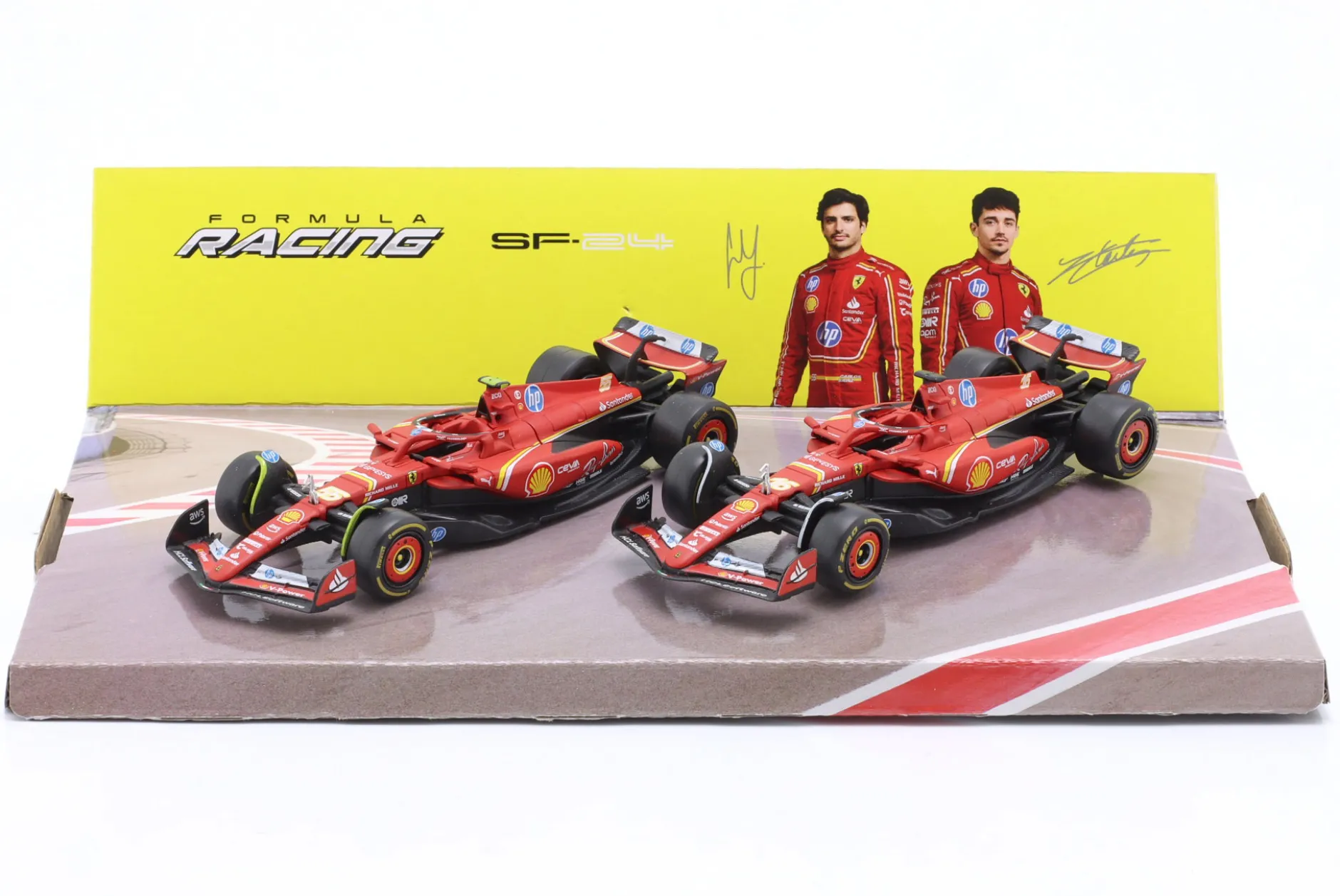 2-Car Set Ferrari: Leclerc #16 & Sainz #55 Formel 1 2024 1:43 Bburago