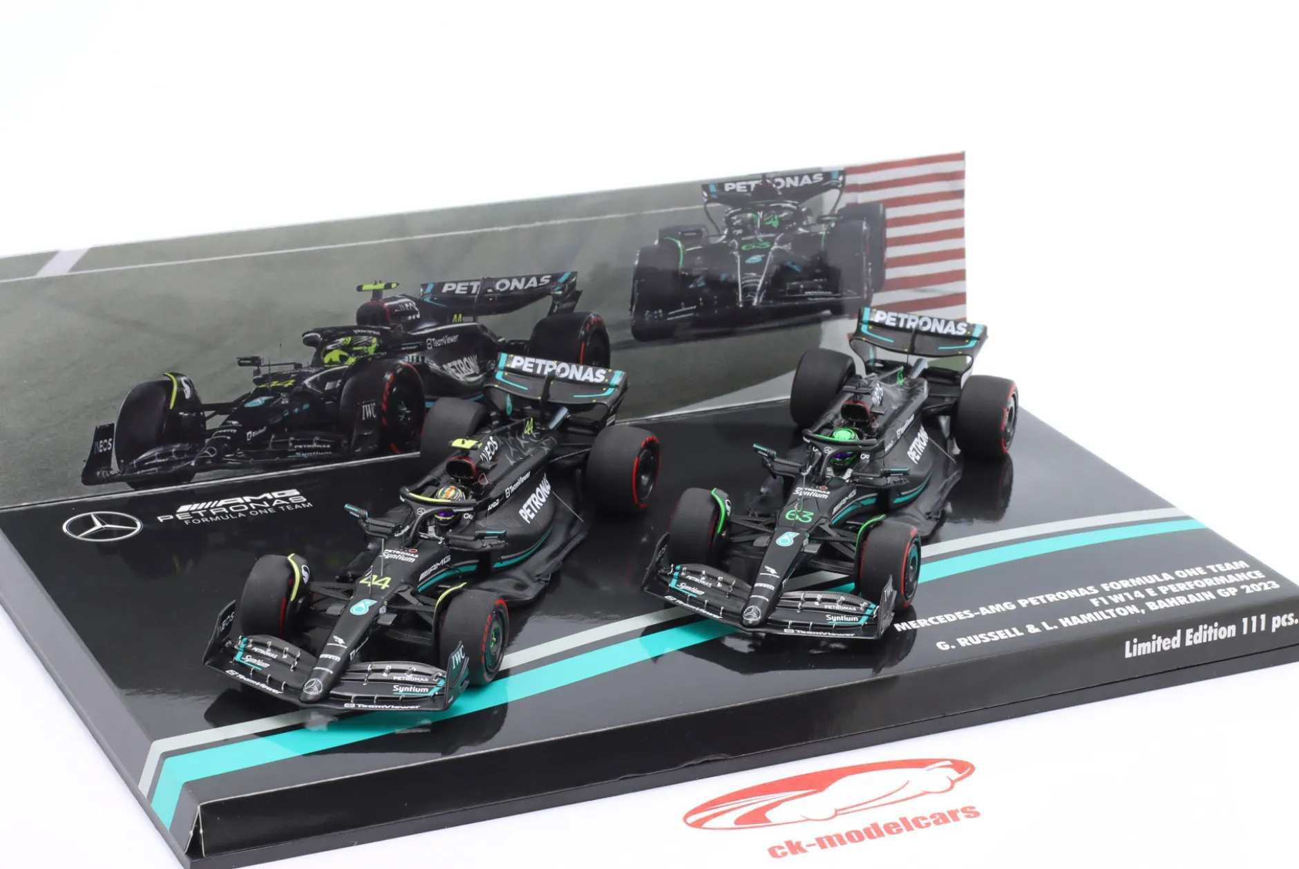 2-Car Set Hamilton #44 & Russell #63 Bahrain GP Formel 1 2023 1:43 Minichamps