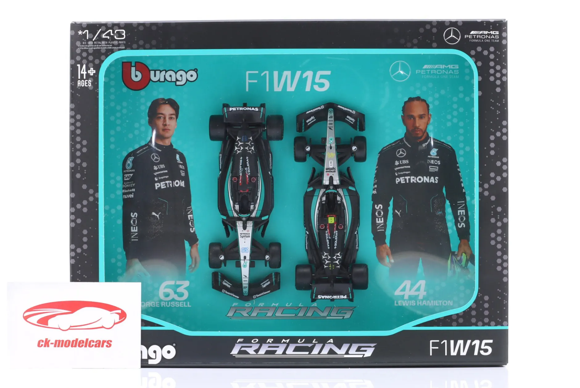 2-Car Set Hamilton #44 & Russell #63 Mercedes-AMG W15 Formel 1 2024 1:43 Bburago