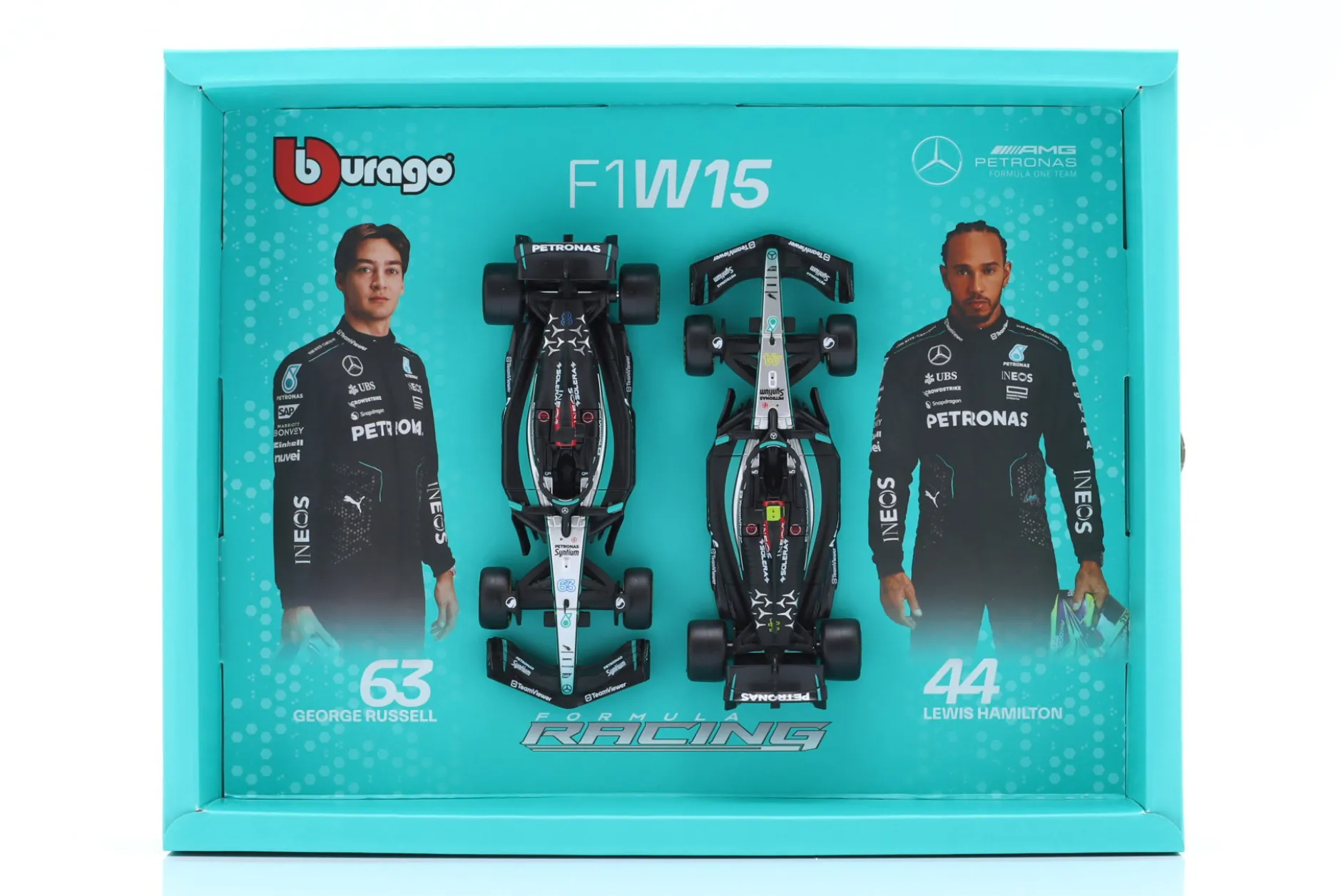 2-Car Set Hamilton #44 & Russell #63 Mercedes-AMG W15 Formel 1 2024 1:43 Bburago