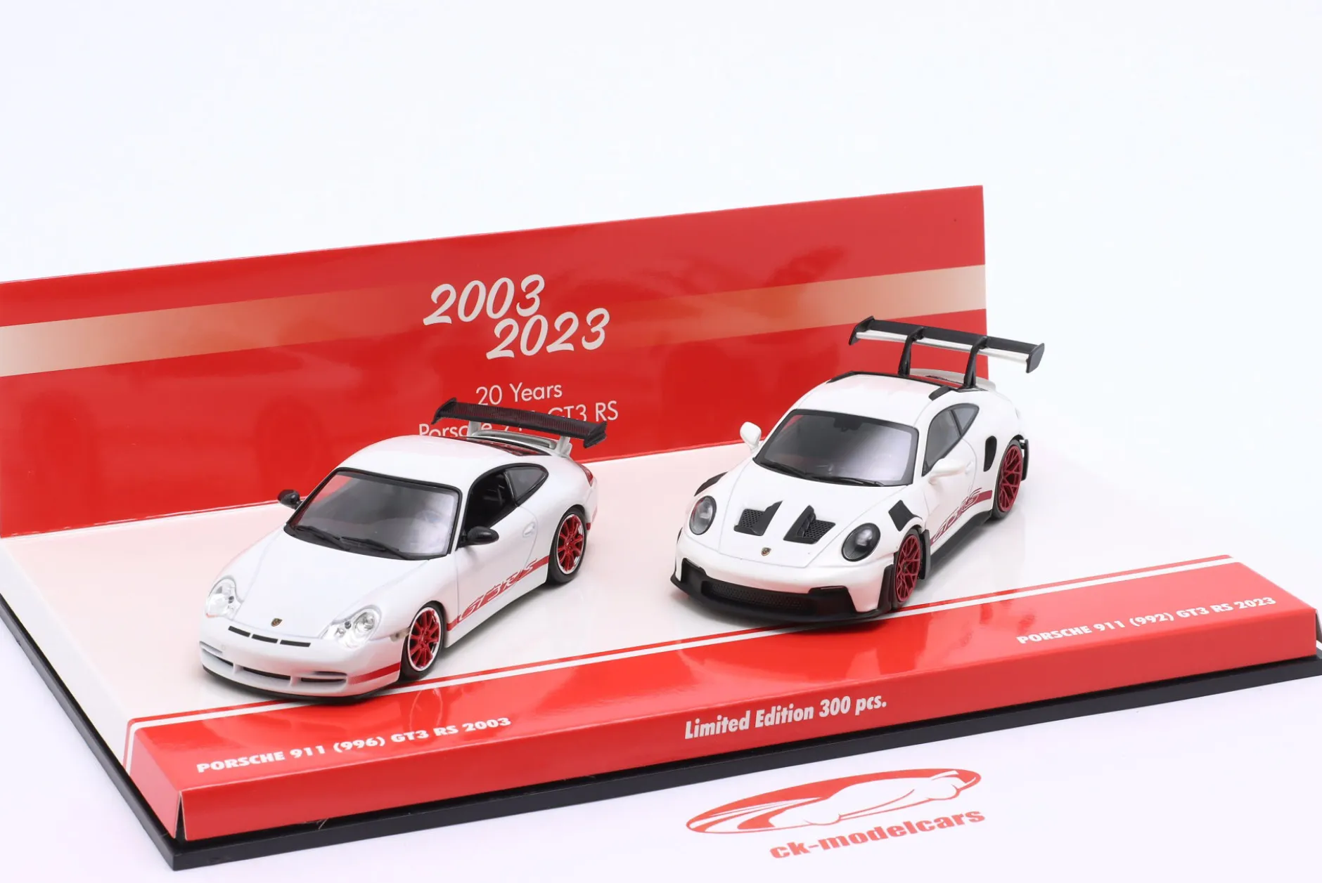 2-Car Set 20 Jahre Porsche 911 GT3 RS: 996 (2003) & 992 (2023) 1:43 Minichamps