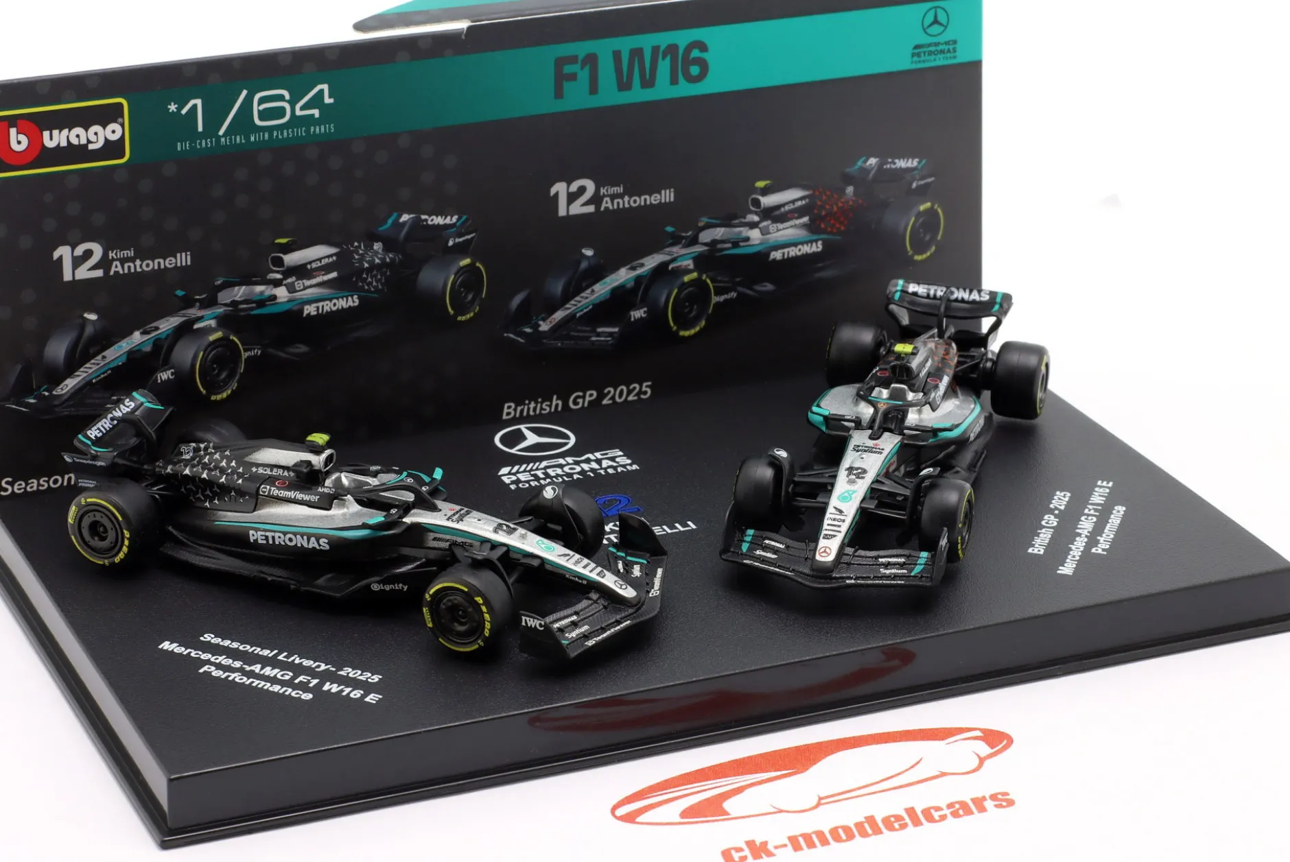 2-Car Set Kimi Antonelli Mercedes-AMG F1 W16 E #12 Formel 1 2025 1:64 Bburago