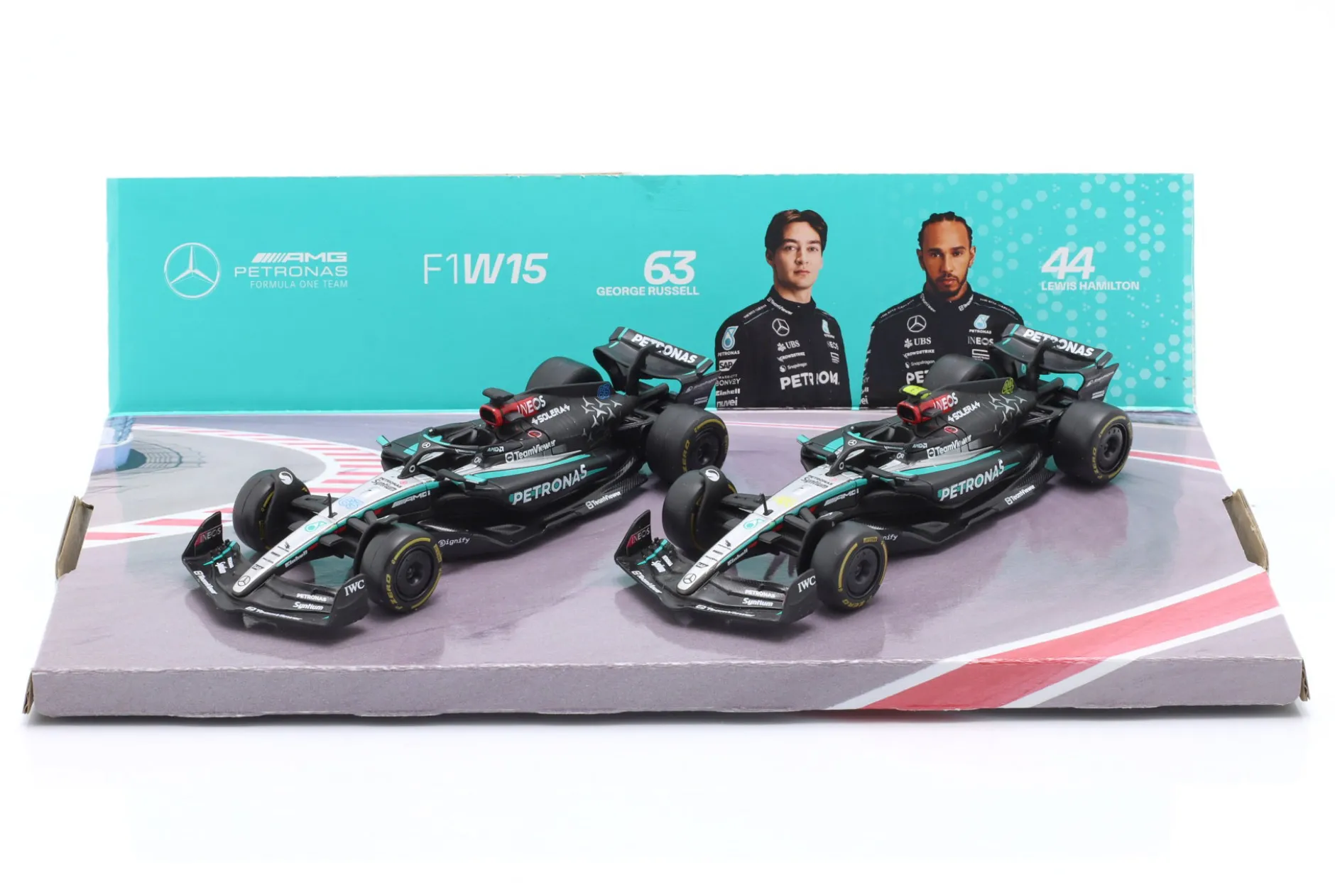 2-Car Set Mercedes: Hamilton #44 & Russell #63 Formel 1 2024 1:43 Bburago