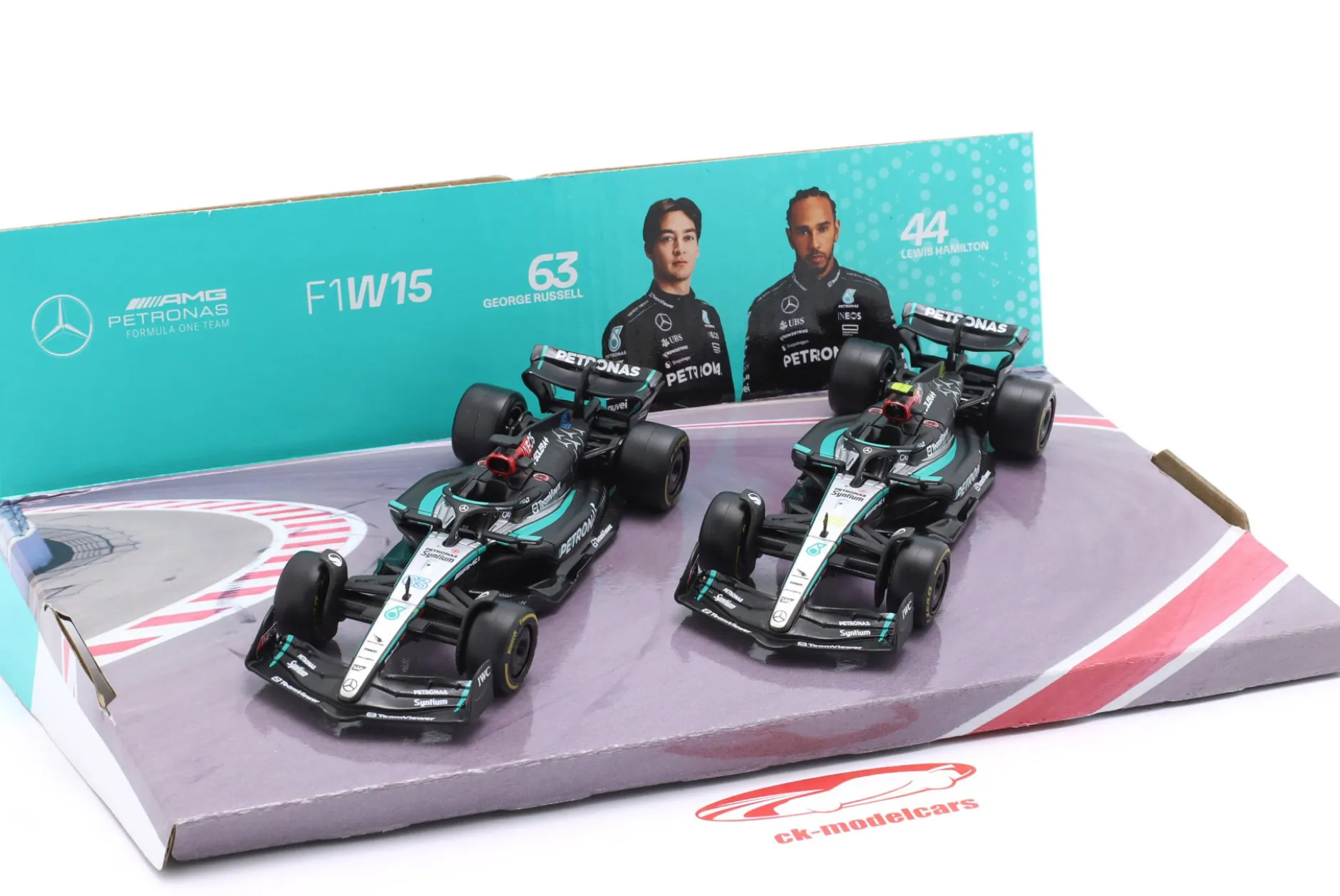 2-Car Set Mercedes: Hamilton #44 & Russell #63 Formel 1 2024 1:43 Bburago