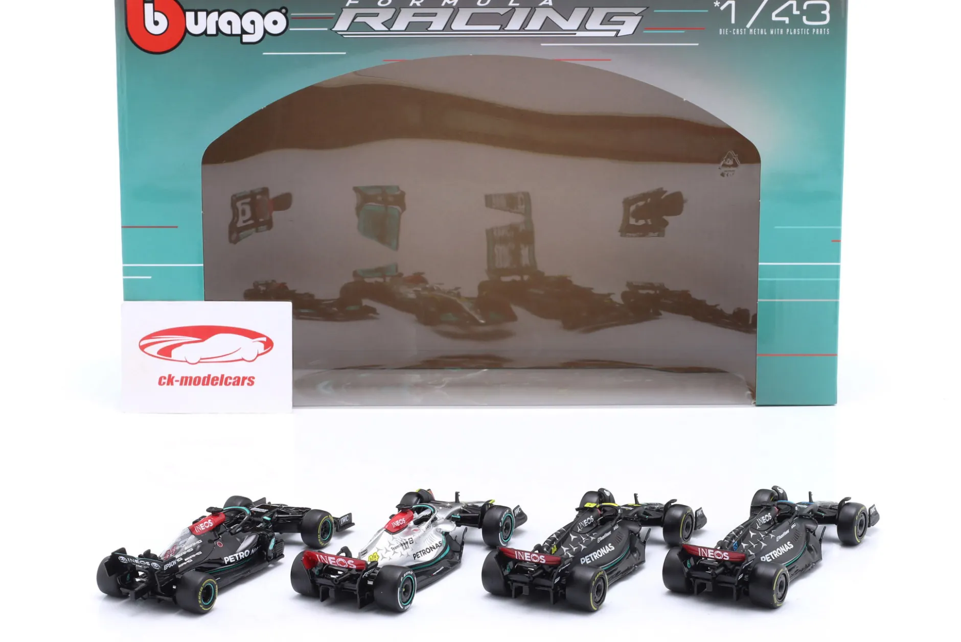 4-Car Set Mercedes Hamilton / Russell Formel 1 2021-2023 1:43 Bburago