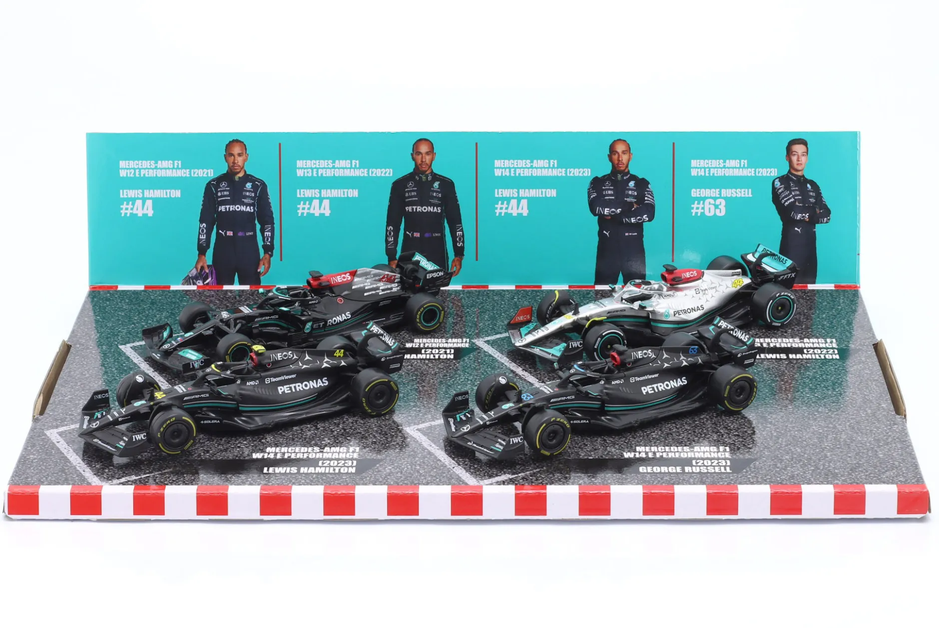 4-Car Set Mercedes Hamilton / Russell Formel 1 2021-2023 1:43 Bburago