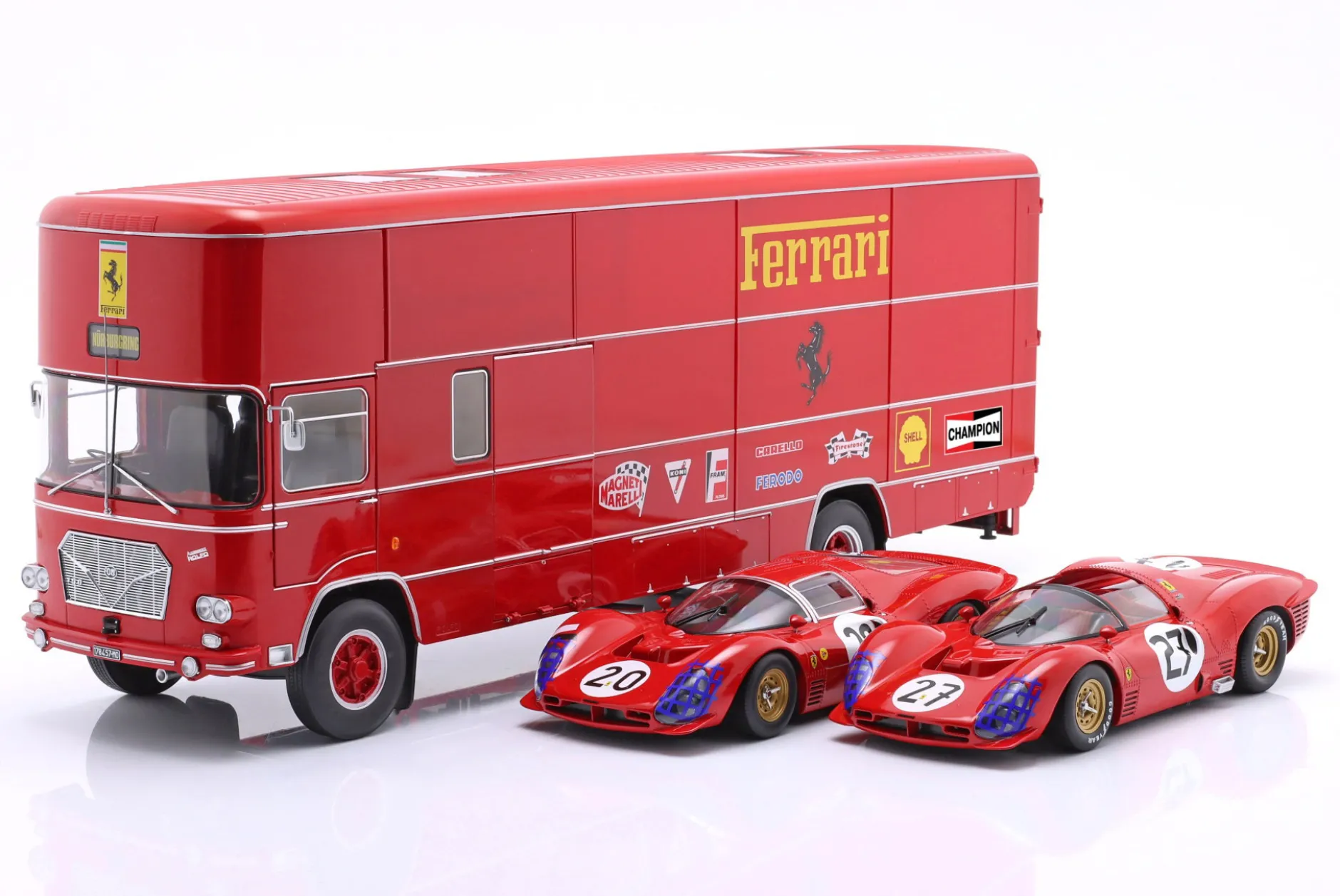 3-Car Set: OM Fiat 150 Rolfo Renntransporter mit 2x Ferrari 330 P3 1:18 WERK83