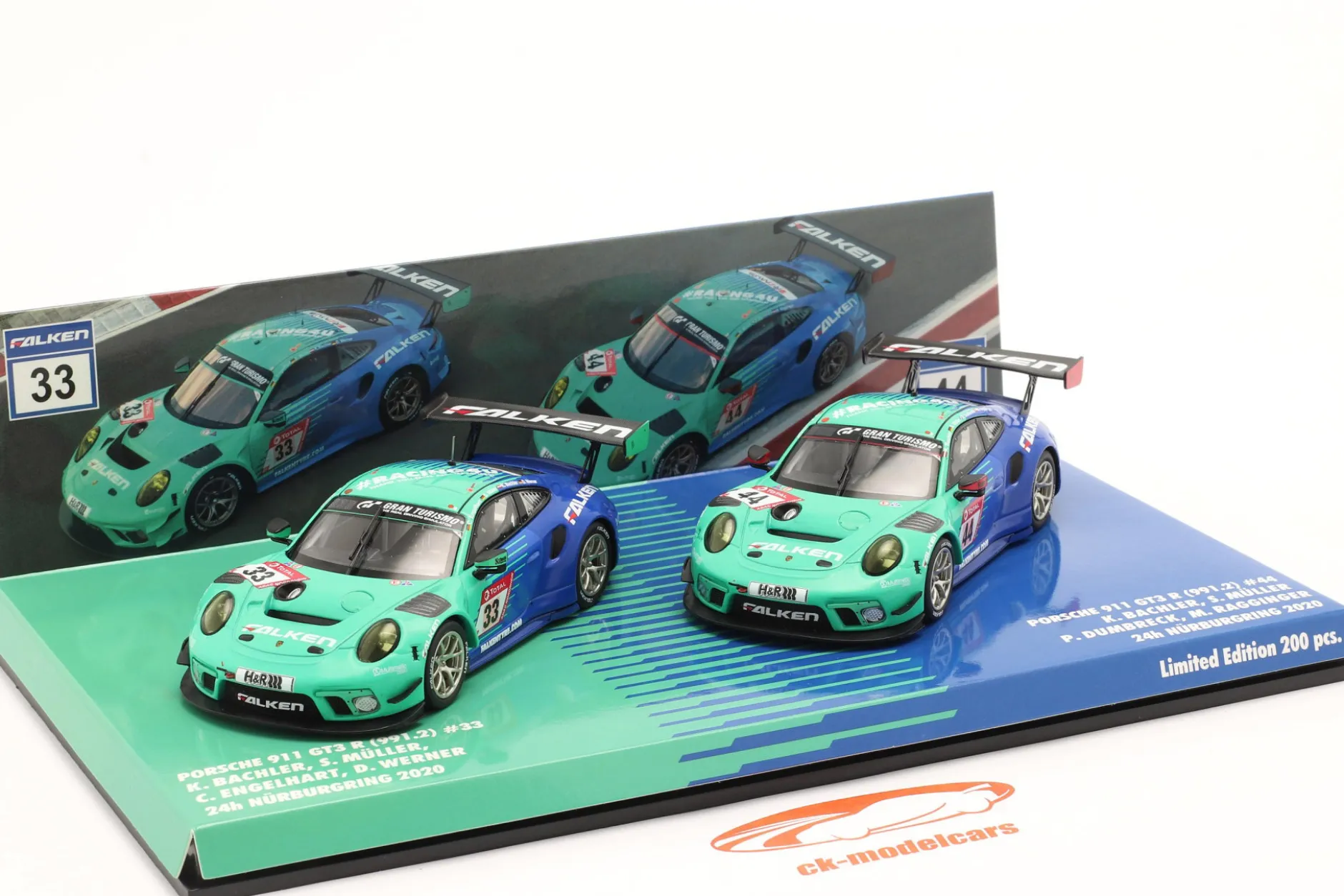 2-Car Set Porsche 911 GT3 R #44 #33 24h Nürburgring 2020 Falken Motorsports 1:43 Minichamps