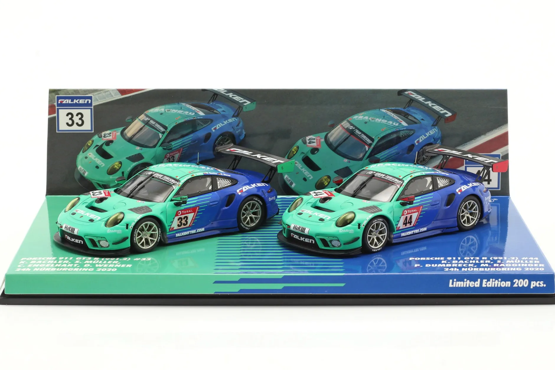 2-Car Set Porsche 911 GT3 R #44 #33 24h Nürburgring 2020 Falken Motorsports 1:43 Minichamps