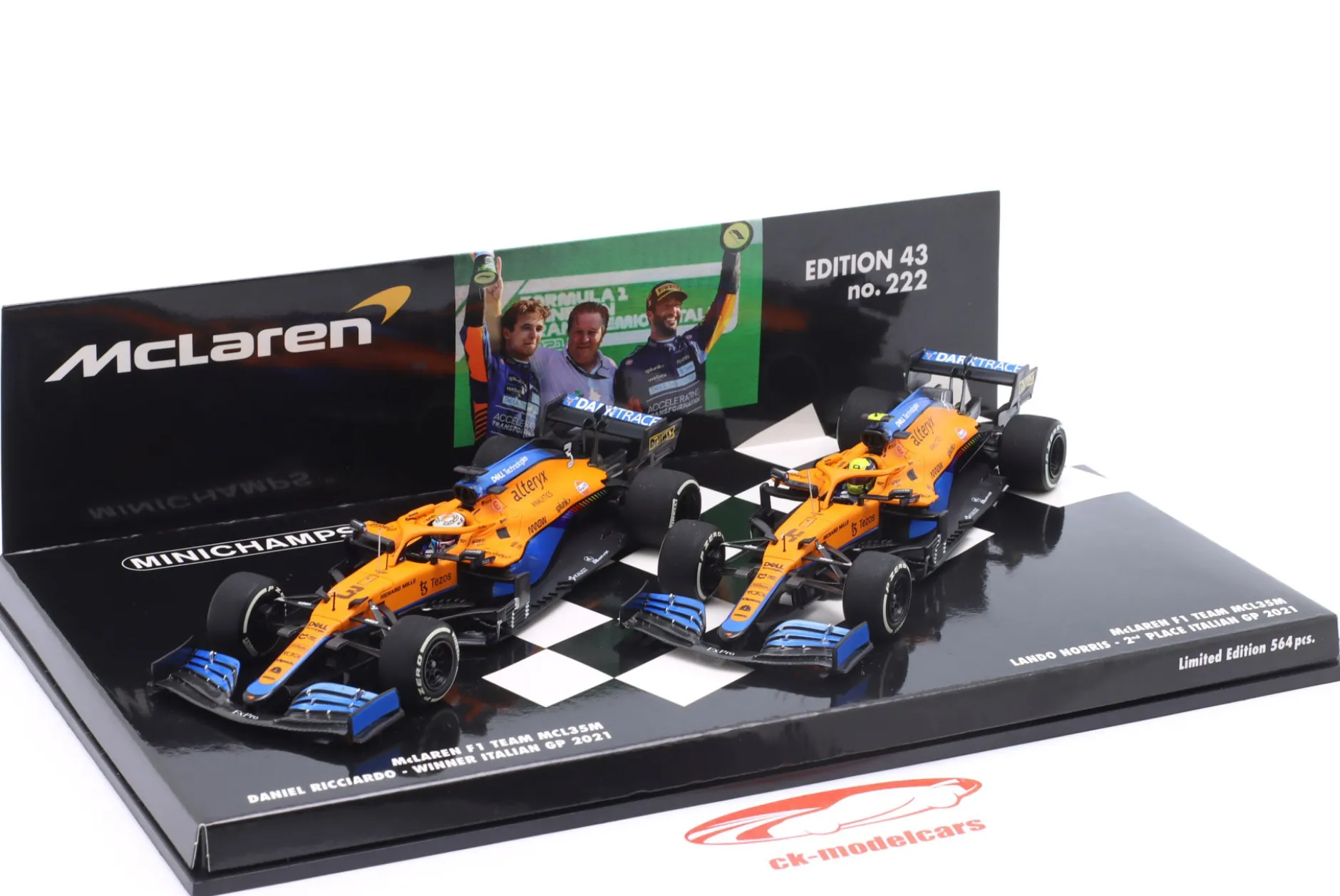 2-Car Set Ricciardo #3 Sieger & Norris #4 2nd Italien GP Formel 1 2021 1:43 Minichamps