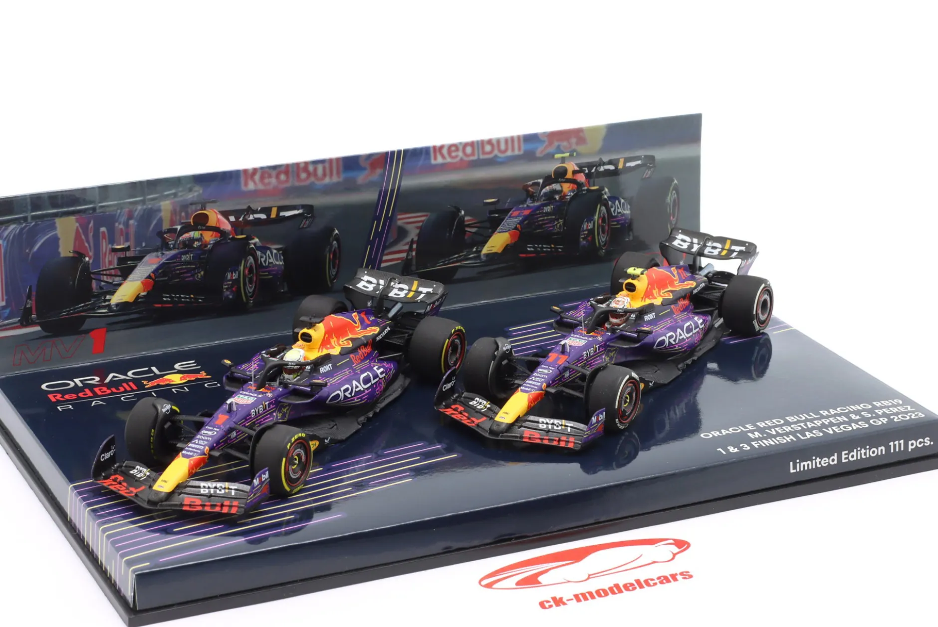 2-Car Set Verstappen #1 & Perez #11 Las Vegas GP Formel 1 Weltmeister 2023 1:43 Minichamps
