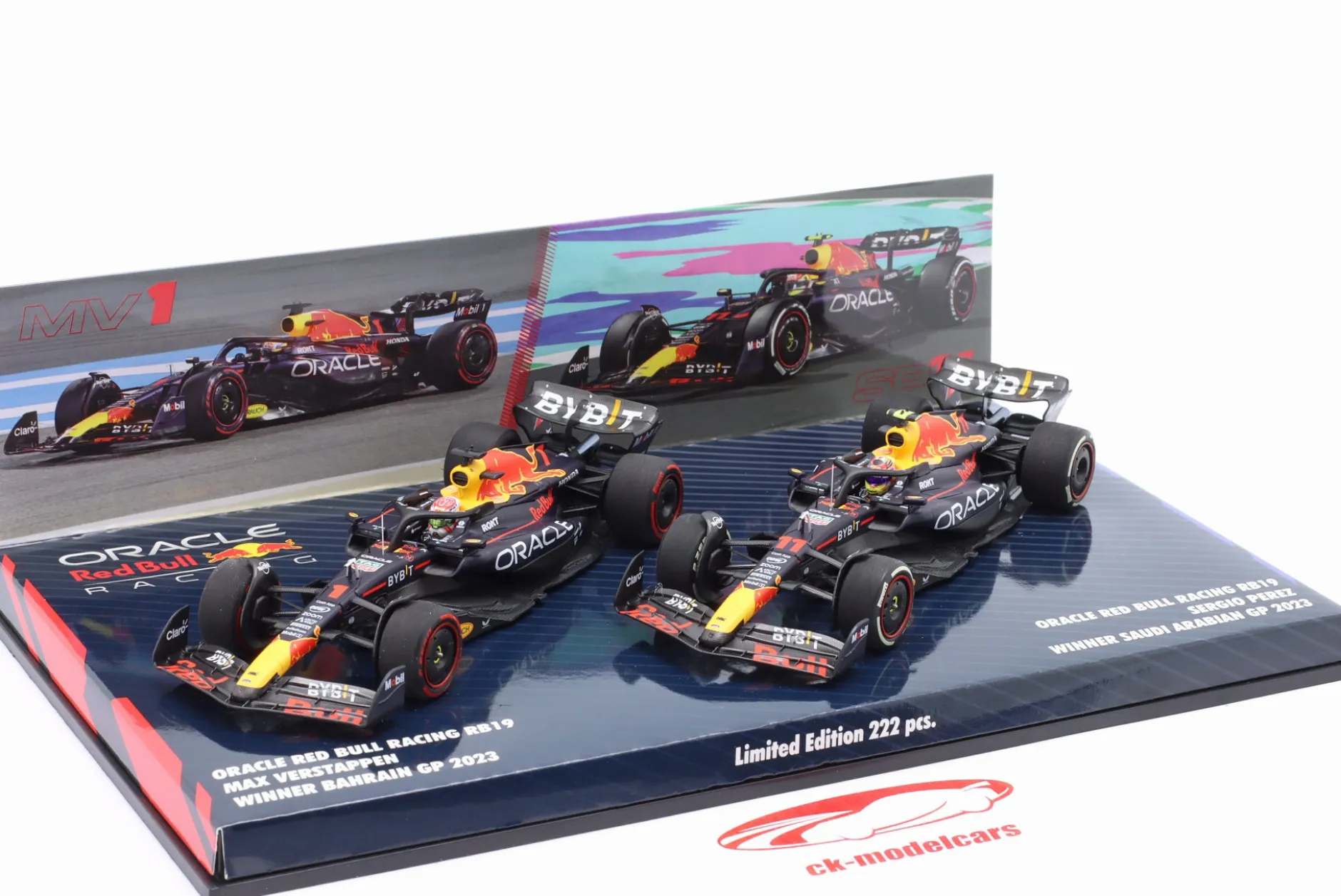 2-Car Set Verstappen #1 & Perez #11 Sieger Bahrain & Saudi-Arabien GP Formel 1 2023 1:43 Minichamps