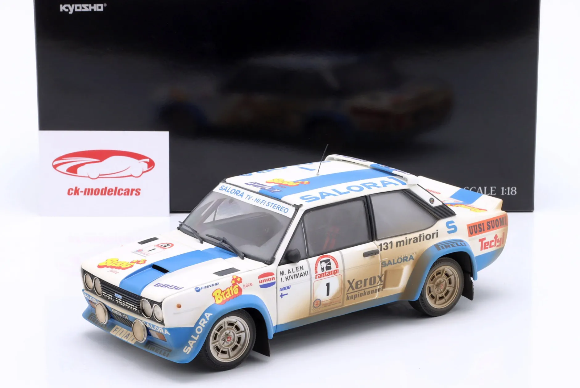 Fiat 131 Abarth Dirty Version #1 Sieger Rallye 1000 Lakes 1980 Alen, Kivimäki 1:18 Kyosho