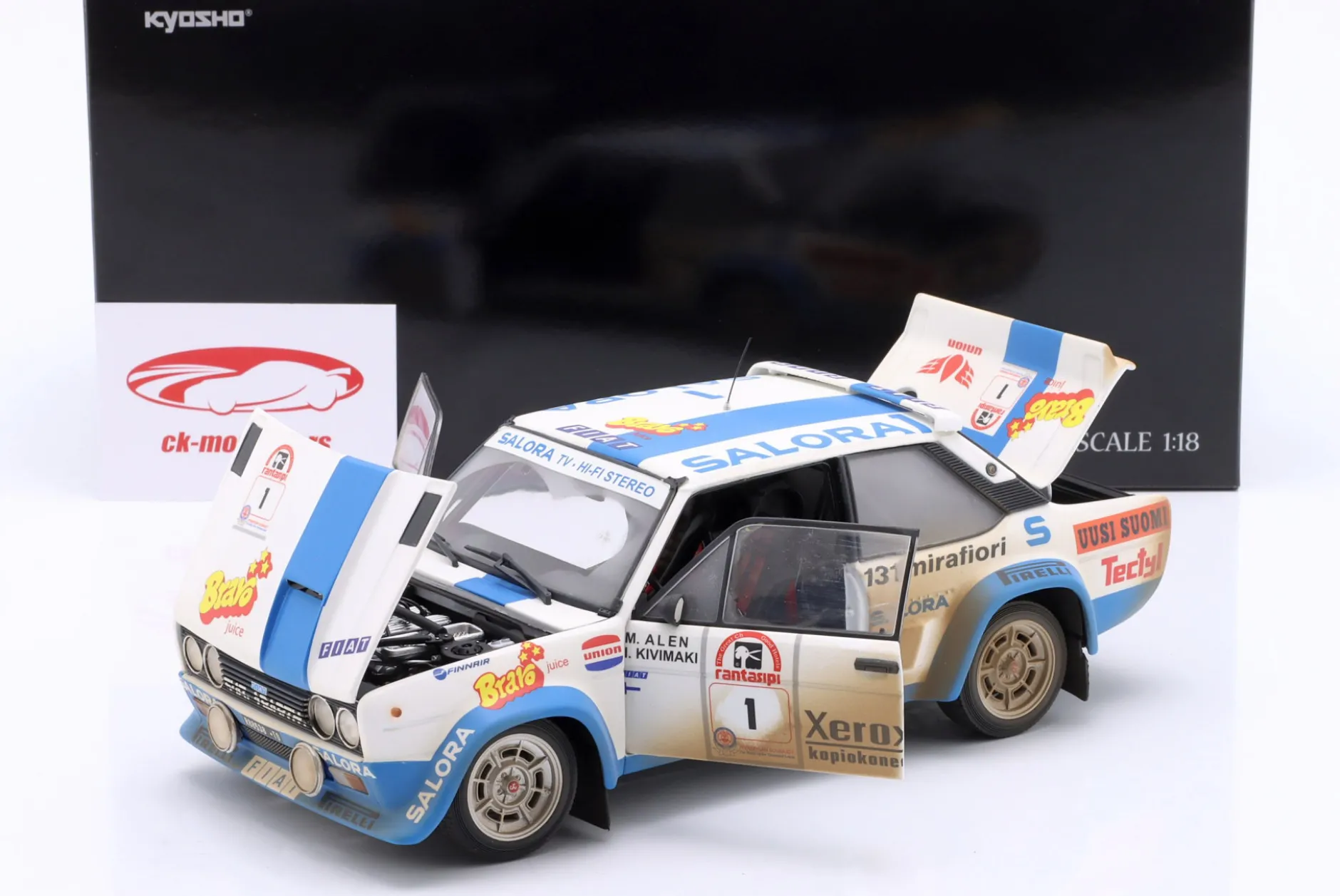 Fiat 131 Abarth Dirty Version #1 Sieger Rallye 1000 Lakes 1980 Alen, Kivimäki 1:18 Kyosho