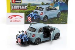 Fiat 500E mit Fahrradträger Baujahr 2023 blau 1:24 Bburago