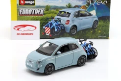 Fiat 500E mit Fahrradträger Baujahr 2023 blau 1:24 Bburago