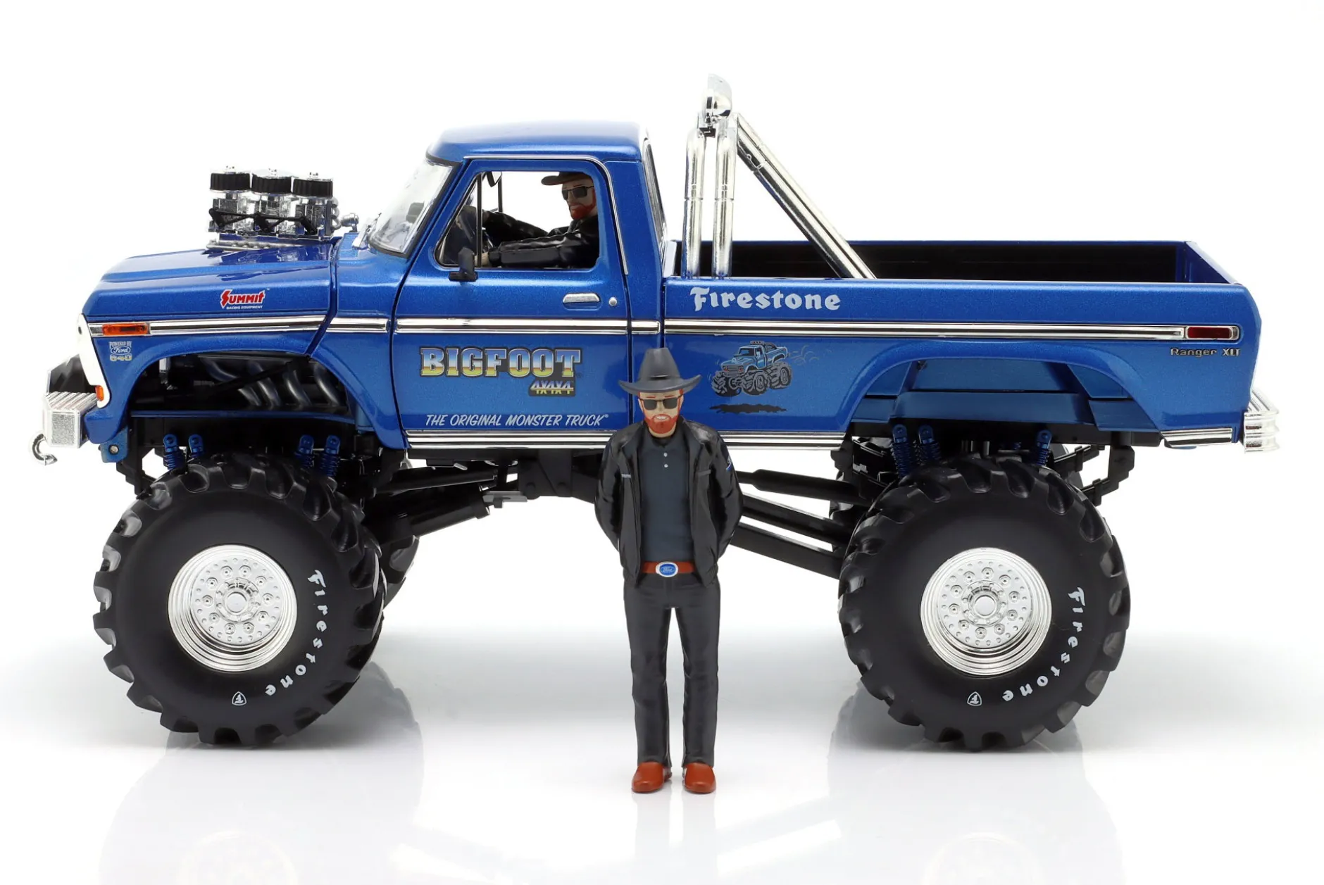 Ford F-250 Monster Truck 48-inch Tires Bigfoot #1 1974 mit 2 Figuren 1:18 Greenlight
