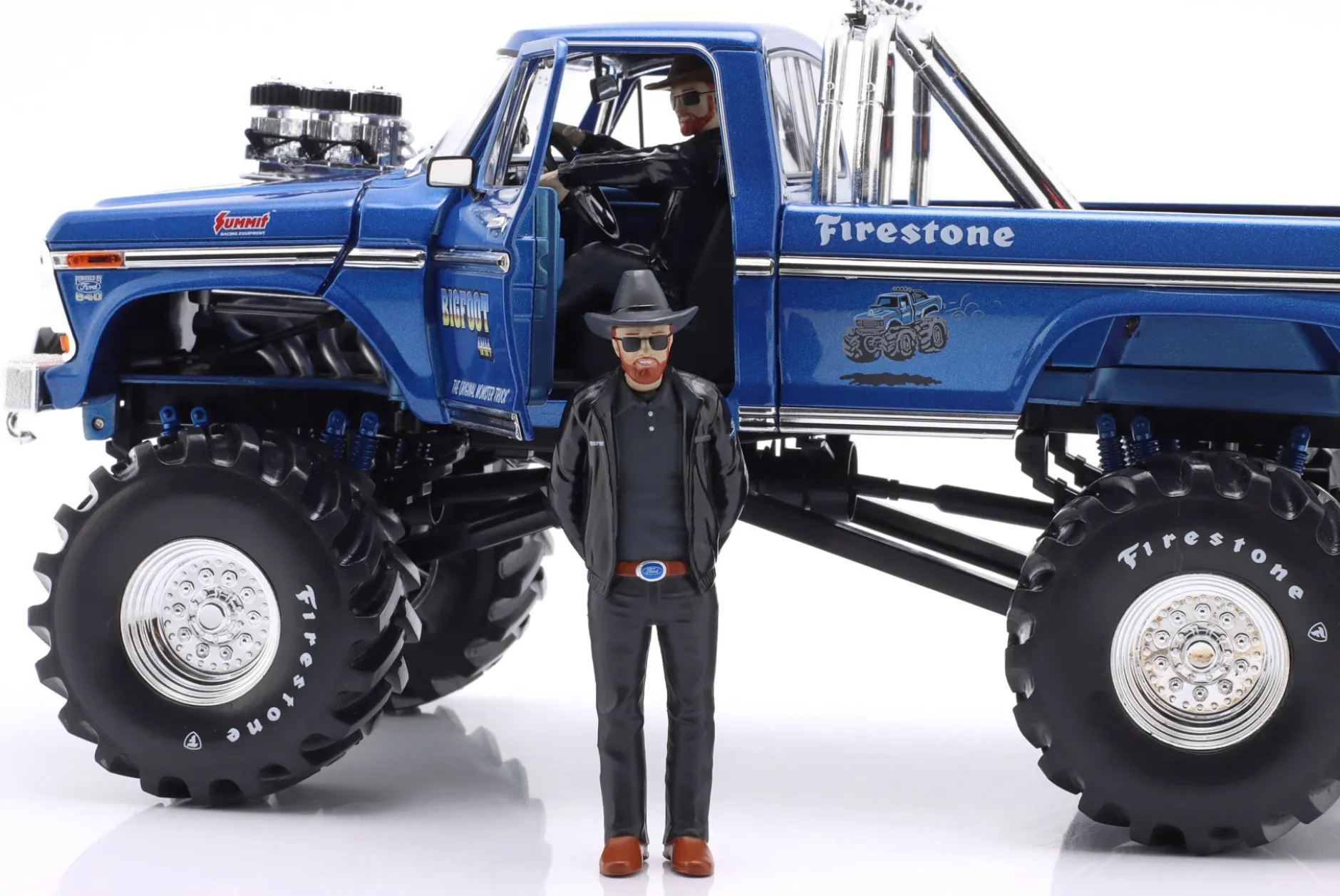 Ford F-250 Monster Truck 48-inch Tires Bigfoot #1 1974 mit 2 Figuren 1:18 Greenlight