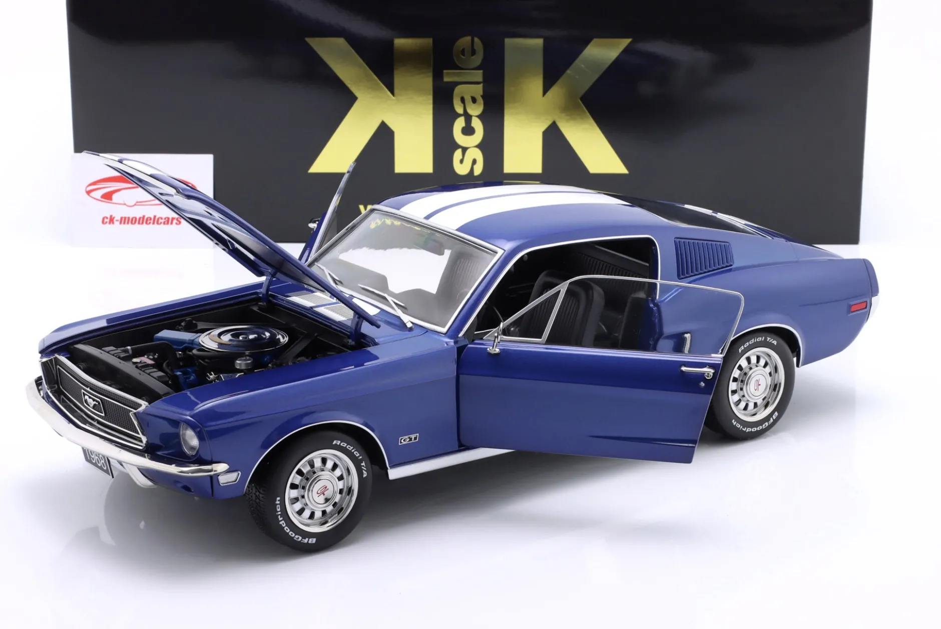 Ford Mustang GT Fastback Baujahr 1968 blau metallic / weiß 1:12 KK-Scale