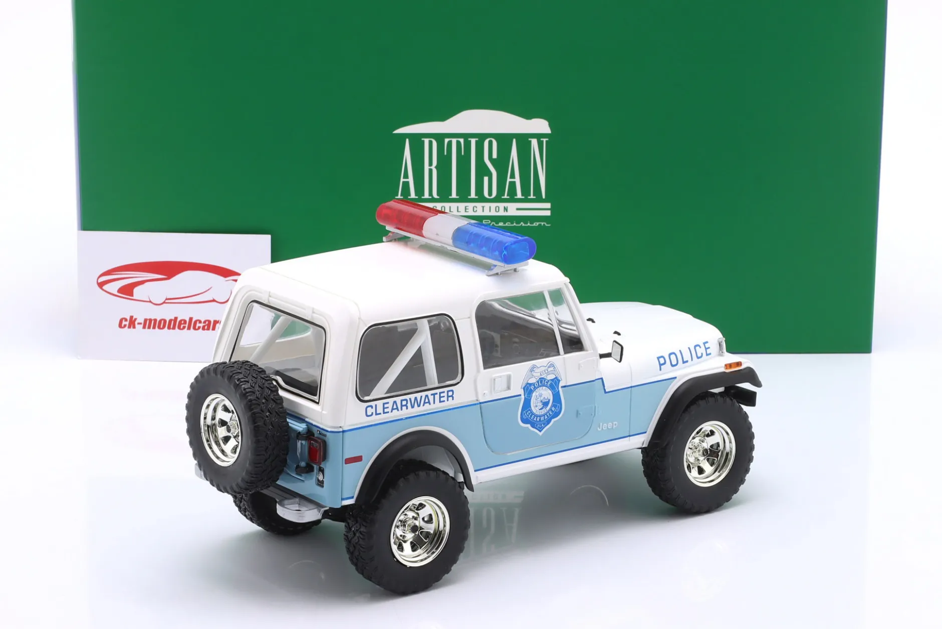 Jeep CJ-7 Clearwater Florida Police weiß / blau 1:18 Greenlight