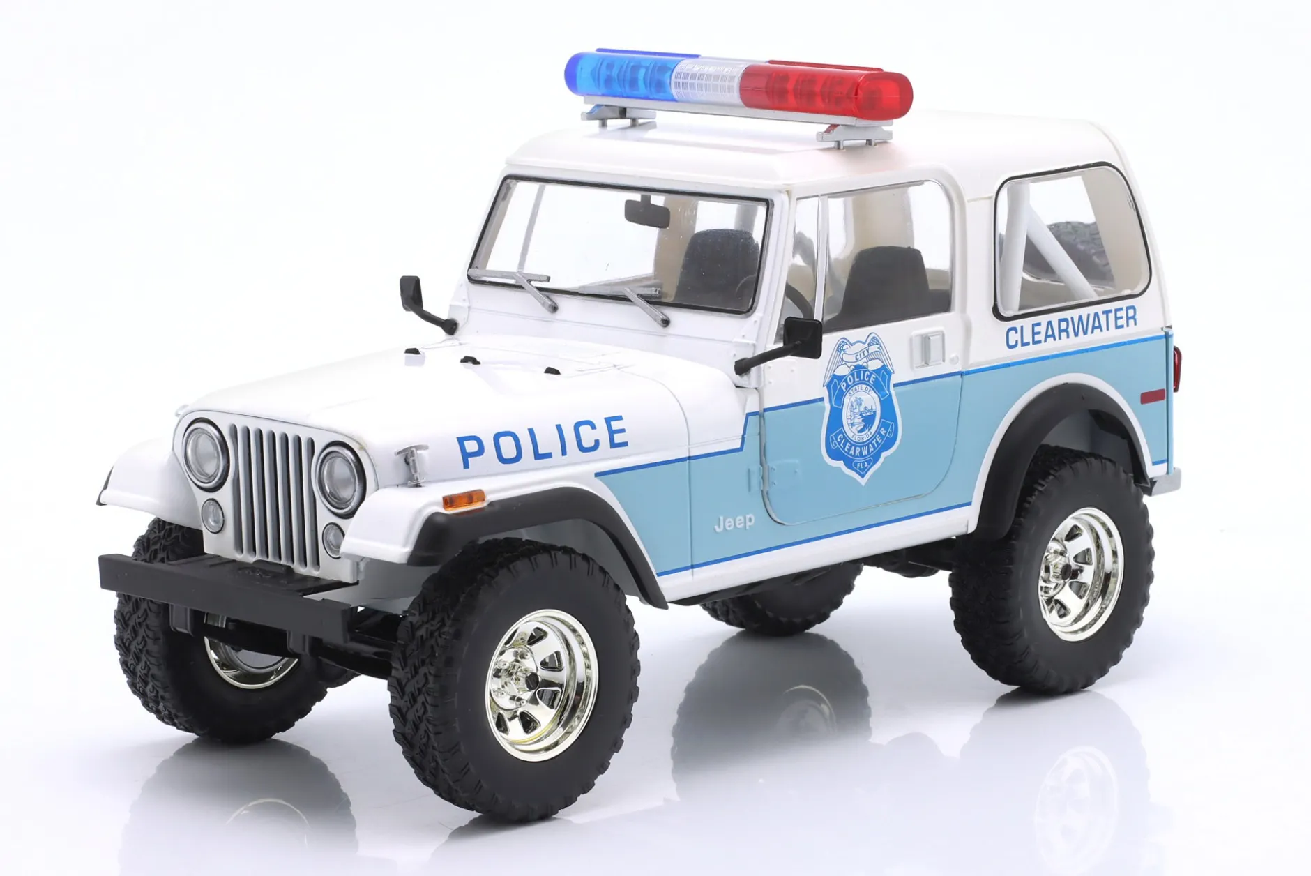 Jeep CJ-7 Clearwater Florida Police weiß / blau 1:18 Greenlight