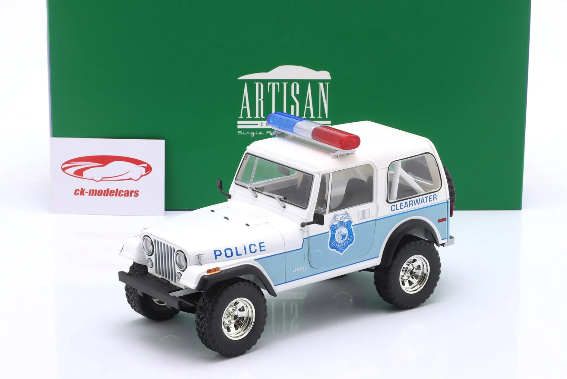 Jeep CJ-7 Clearwater Florida Police weiß / blau 1:18 Greenlight