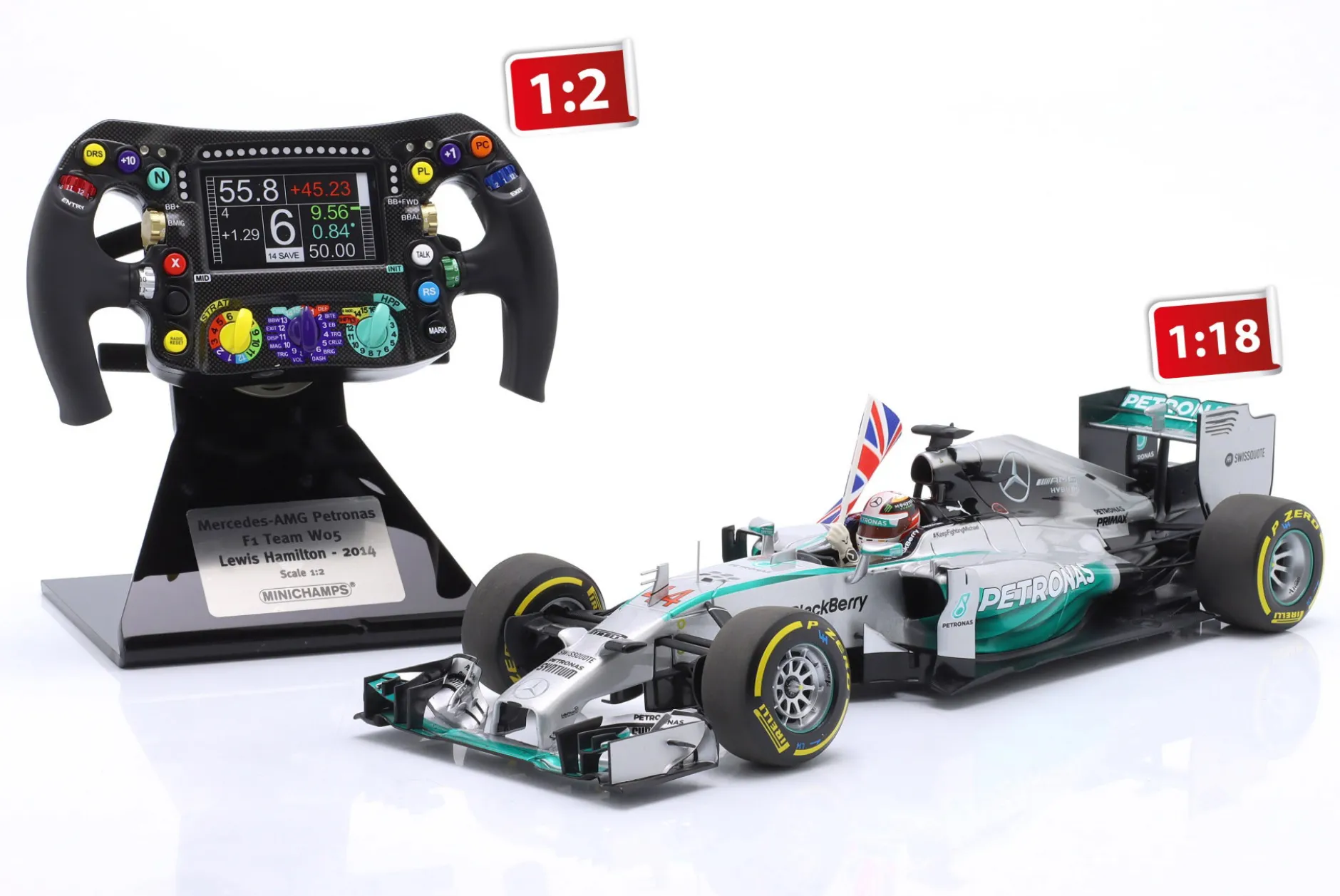 L. Hamilton Mercedes F1 W05 #44 Formel 1 Weltmeister 2014 Lenkrad 1:2 Minichamps