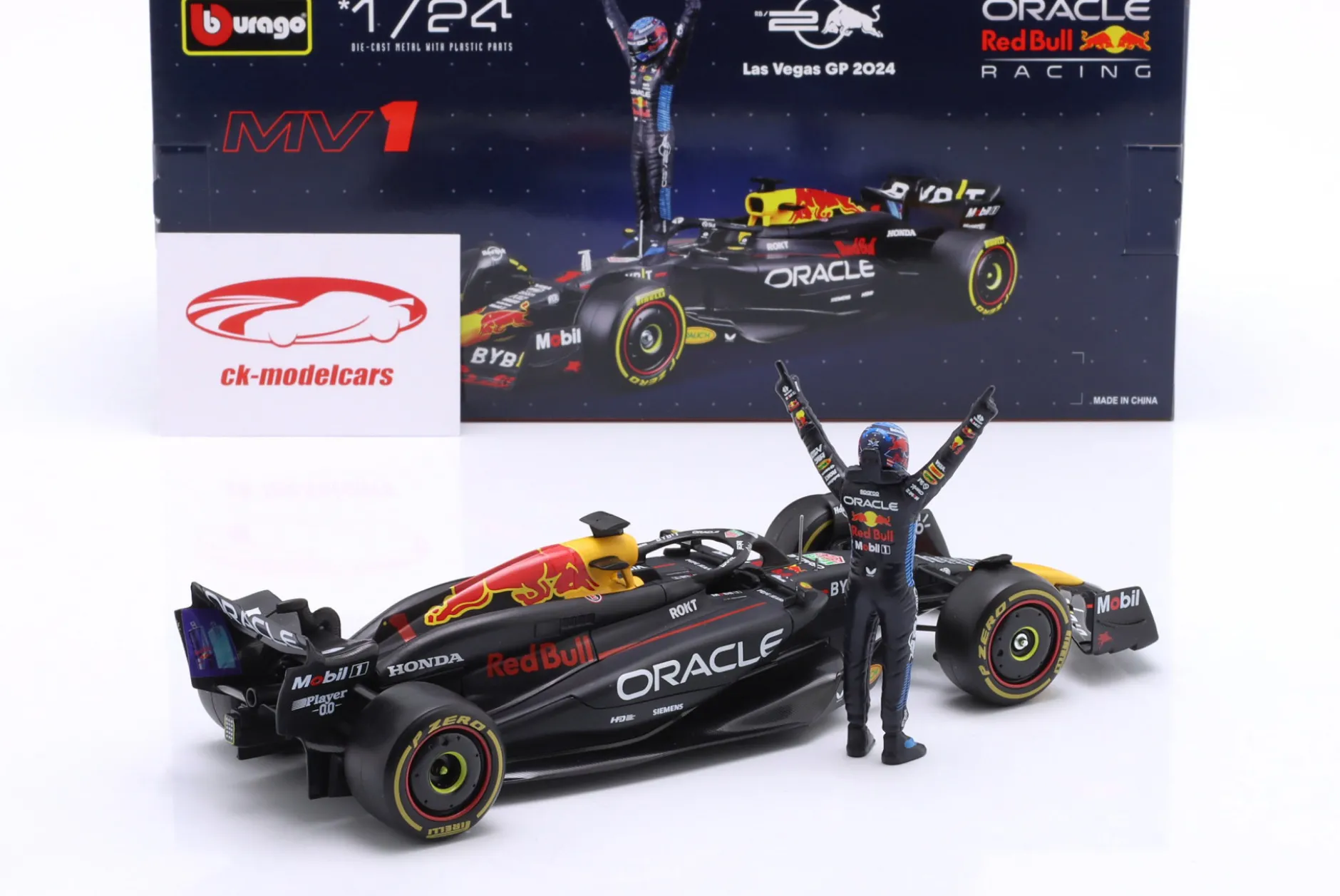 Max Verstappen Red Bull RB20 #1 Formel 1 Weltmeister 2024 m. Figur 1:24 Bburago